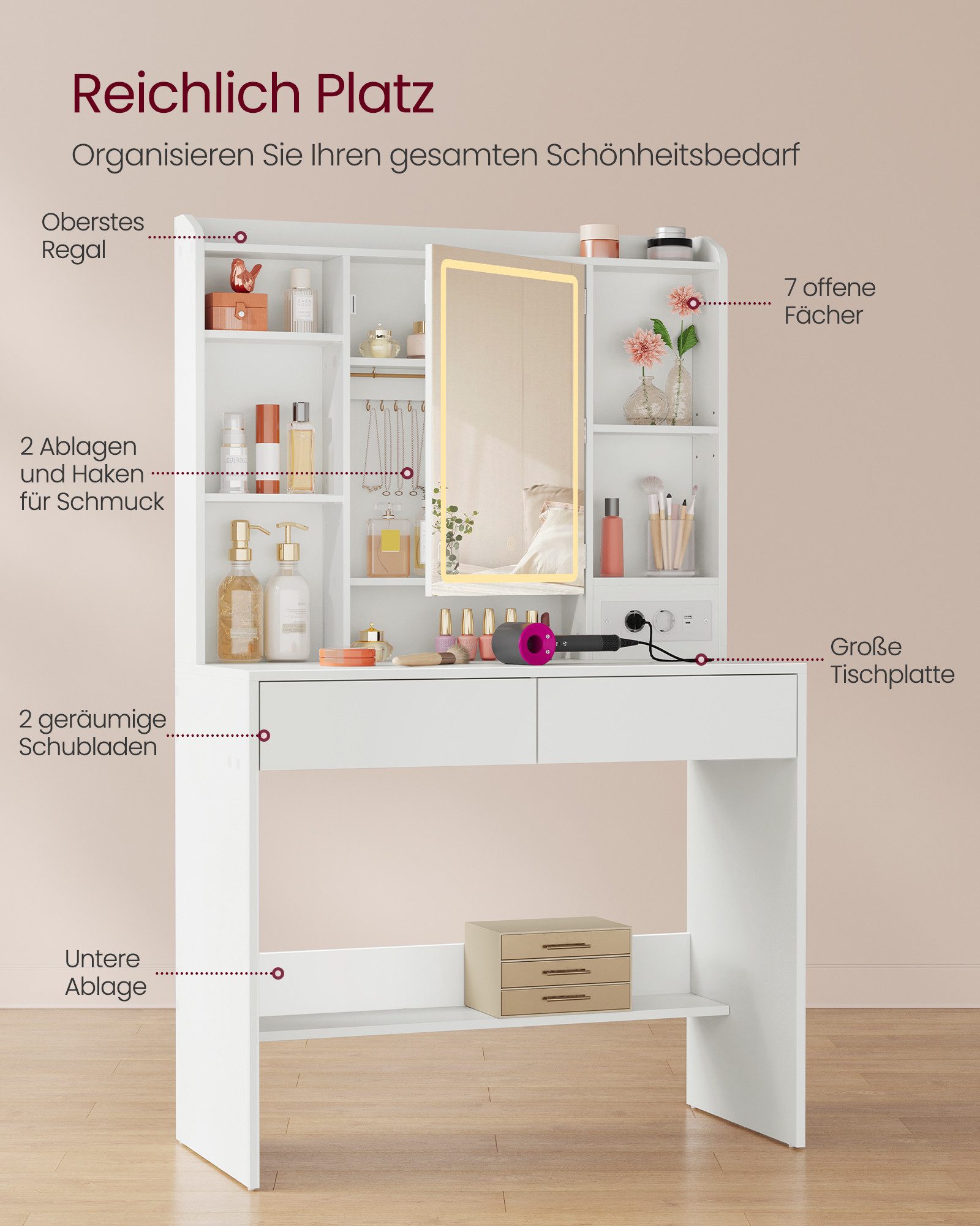 VASAGLE Schminktisch Kosmetiktisch mit LED-Beleuchtung, 3 Lichtfarben, 2 Schubladen, verstellbaren Ablagen, mit Spiegel – Bild 3 von 5