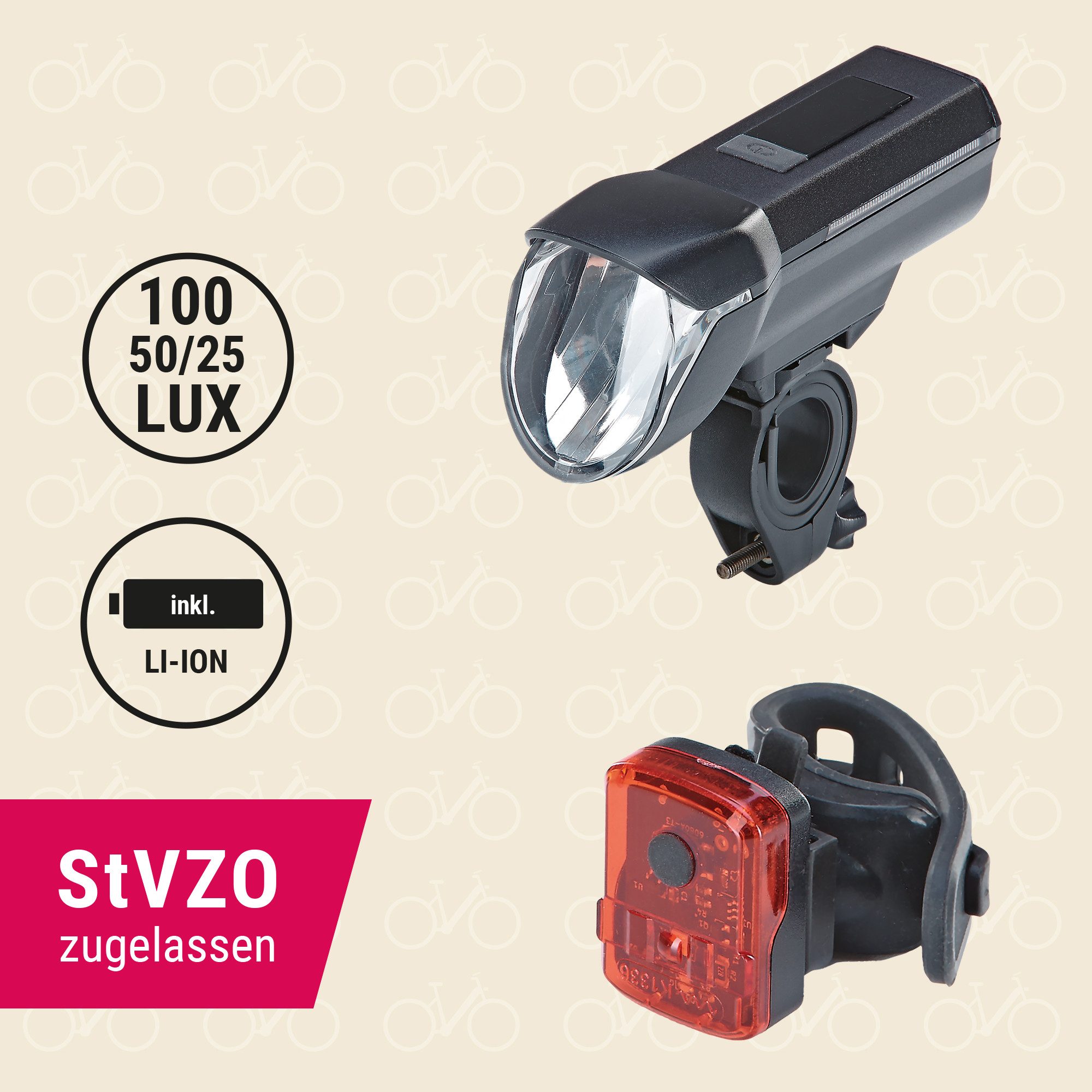 Prophete Fahrradbeleuchtung LED Akku Beleuchtungsset 100 Lux