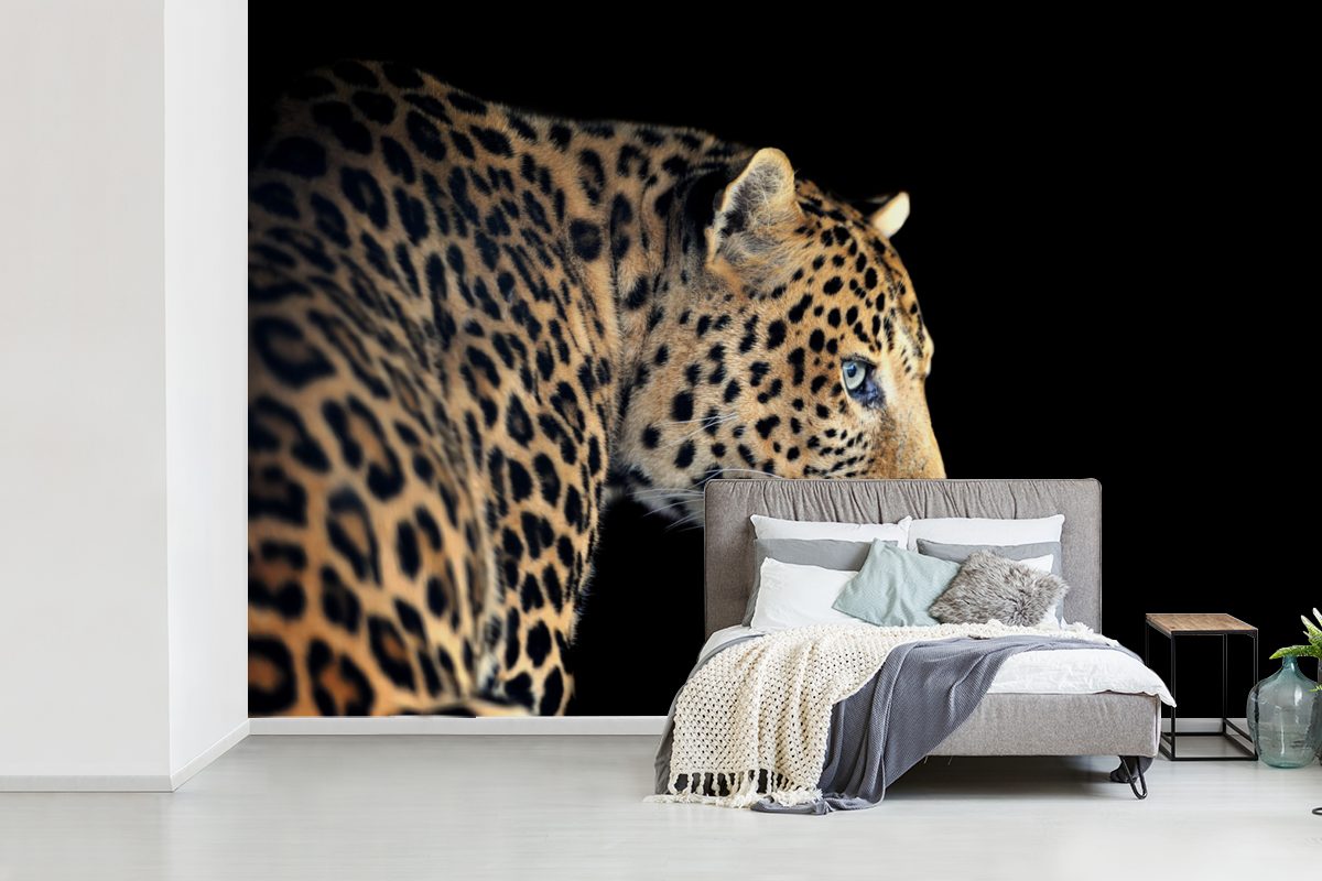 MuchoWow Fototapete Leopard - Profil Schwarz, bedruckt, - Tapete Vinyl Kinderzimmer, Matt, Schlafzimmer, für (6 Wallpaper Wohnzimmer, St)