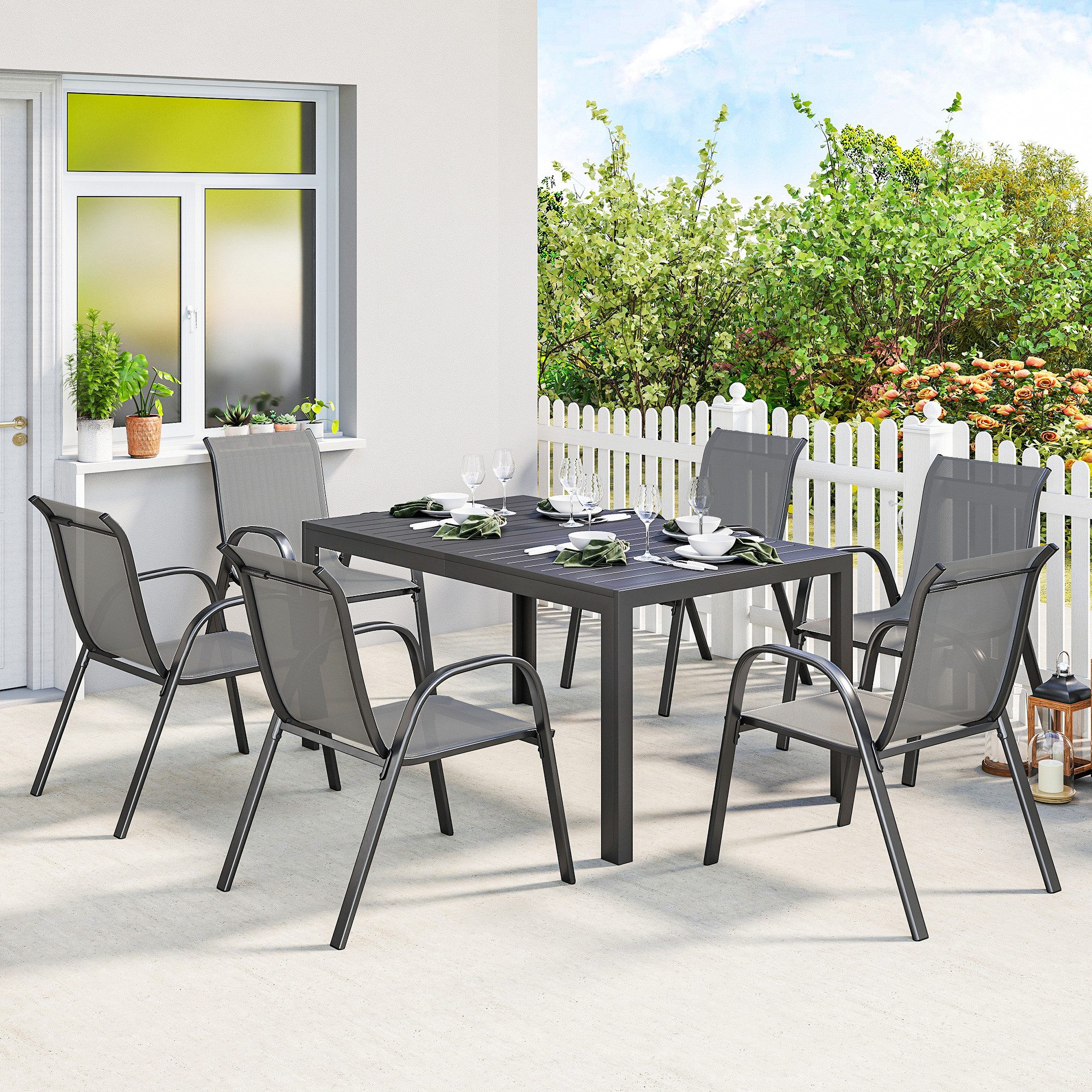 Outsunny Garten-Essgruppe mit 6 Atmungsaktiven Stapelstühlen, Lamelldesign, (Gartenset, 7-tlg., Gartenmöbel Set), für Garten Balkon Terrasse Hellgrau