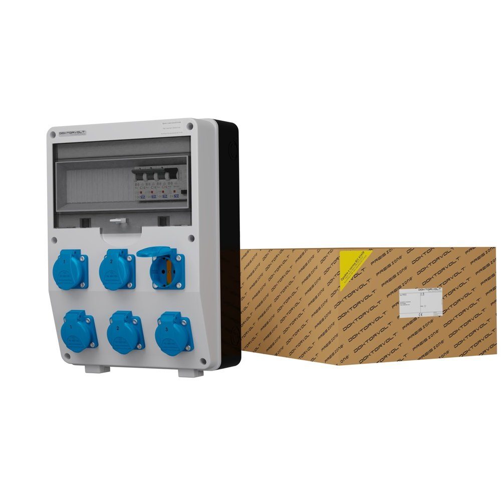 Doktorvolt Stromverteiler DV-S/FI 6x230V Wandverteiler Baustromverteiler Steckdosenverteiler 6-fach (Fi-Schalter SEZ 40A 30mA 2P Typ A, 3 x LSS C16 1P 10kA)