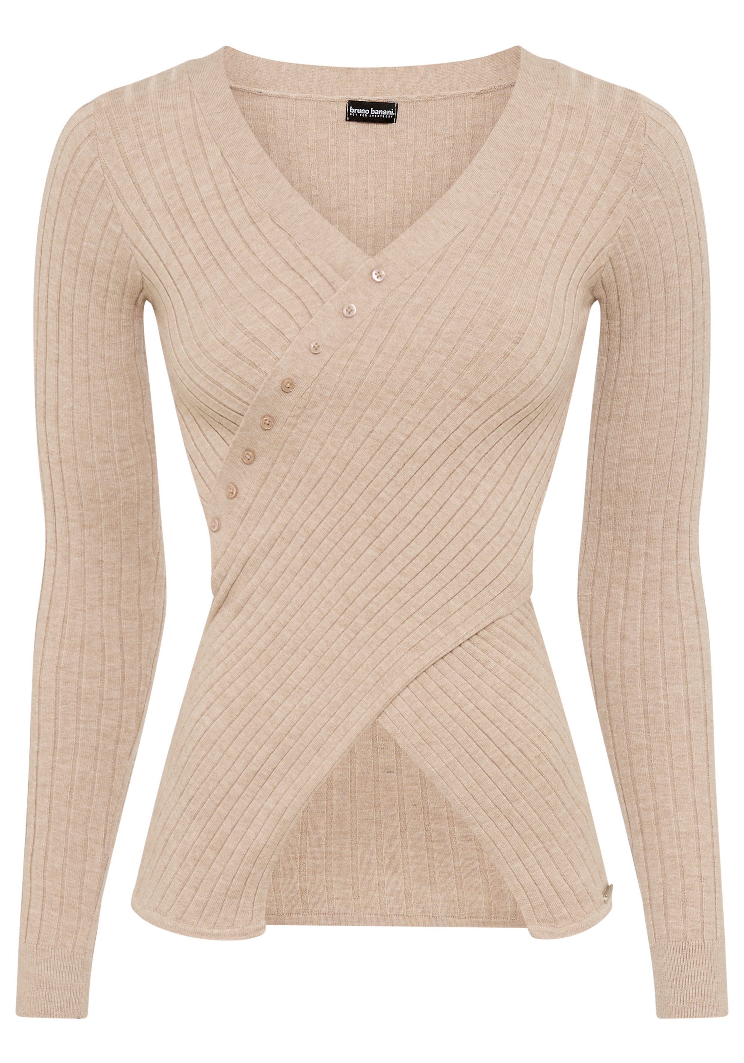 Bruno Banani V-Ausschnitt-Pullover Wickeloptik und edles Knopfdetail