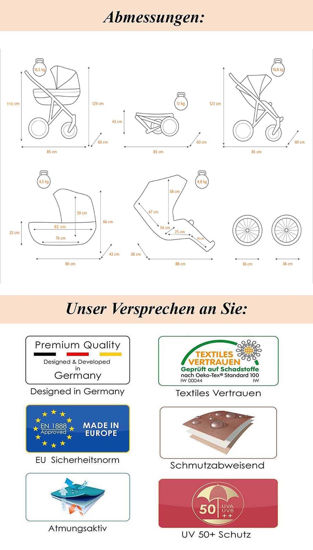 13 Teile in (E-95) in 3 Emma Kombi-Kinderwagen 1 7 Schwarz inkl. Designs - Roan - Autositz