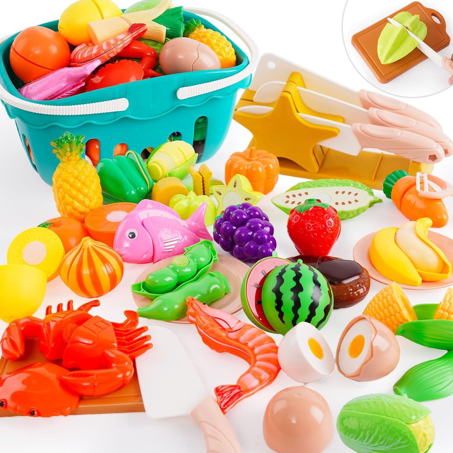 LBLA Spiellebensmittel Kinder Küchenspielzeug Set, (66-tlg., Schneideobst & Gemüsespielzeug), Rollenspiellernspielzeug für Kinder ab 3 Jahren