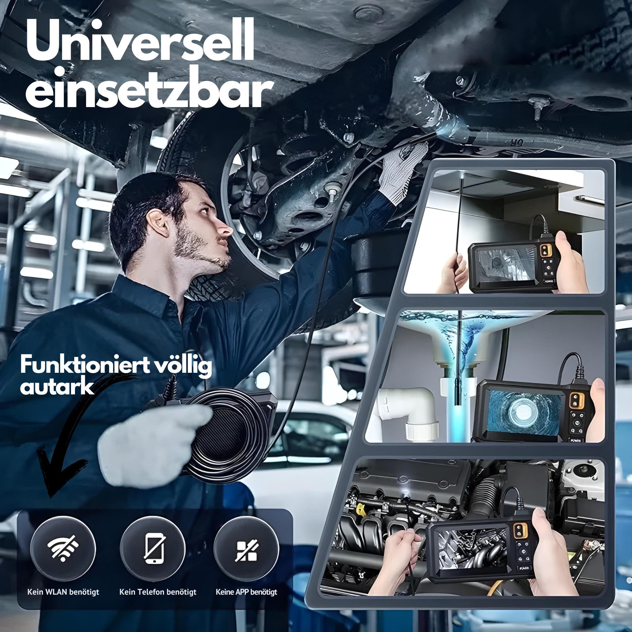 HS.SUPPLY Endoskopkamera, KFZ Endoskop Inspektionskamera mit Farbdisplay Inspektionskamera (Komplett-Set, wasserdicht, integrierte Beleuchtung, mit Zubehör)