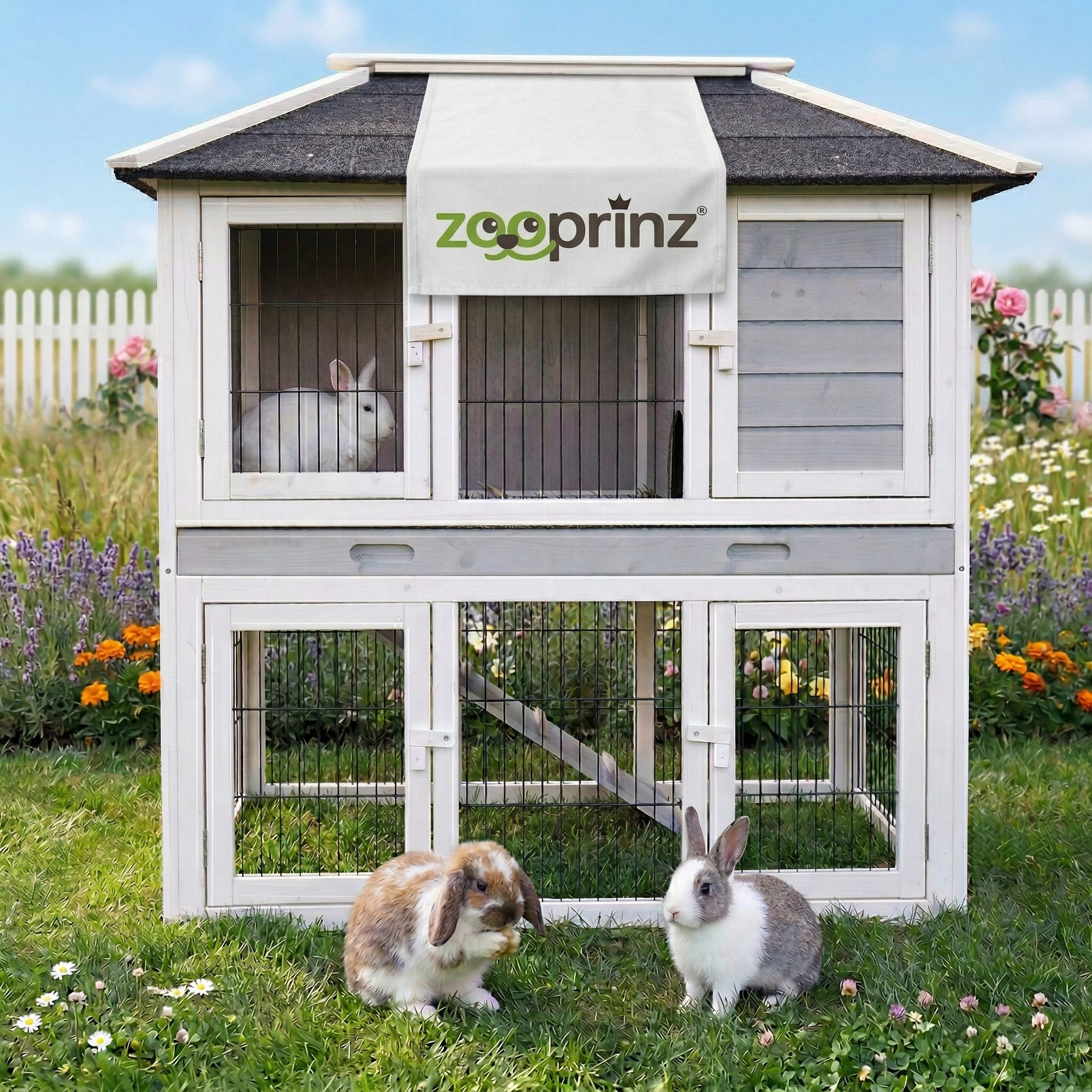 Zooprinz Kleintierstall Hasenstall Kaninchenstall Stadtvilla 2-Stöckig Wetterfest Winterfest, Bitumendach, Kotschublade, 118 x 118 x 63 cm