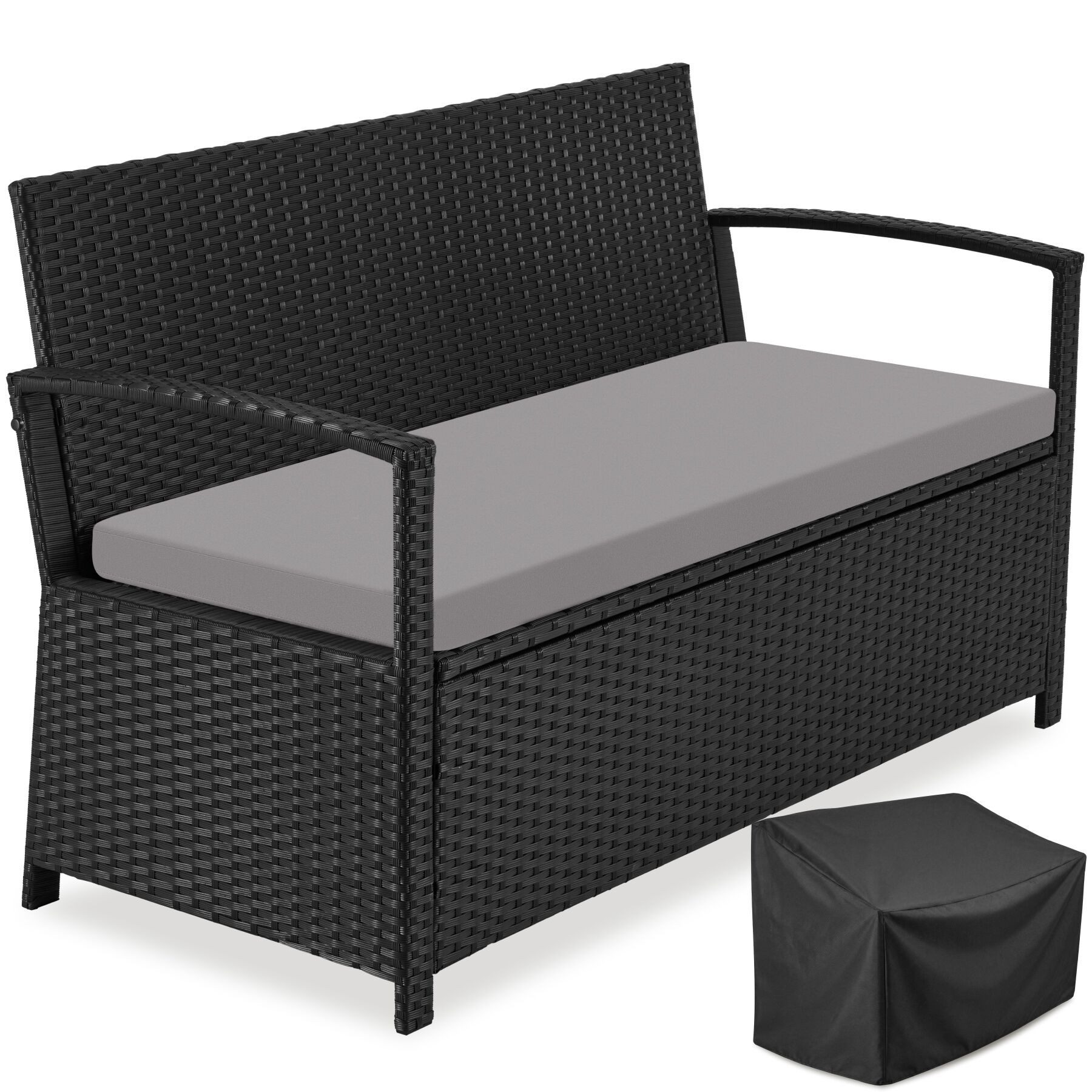 tectake Gartenbank Polyrattanbank 2-Sitzer wetterfest mit großem Stauraum 128x56x77,5cm (Balkonbank Vecchia, in Schwarz), Belastbarkeit 250 kg, Inkl. Schutzhülle und Sitzpolster