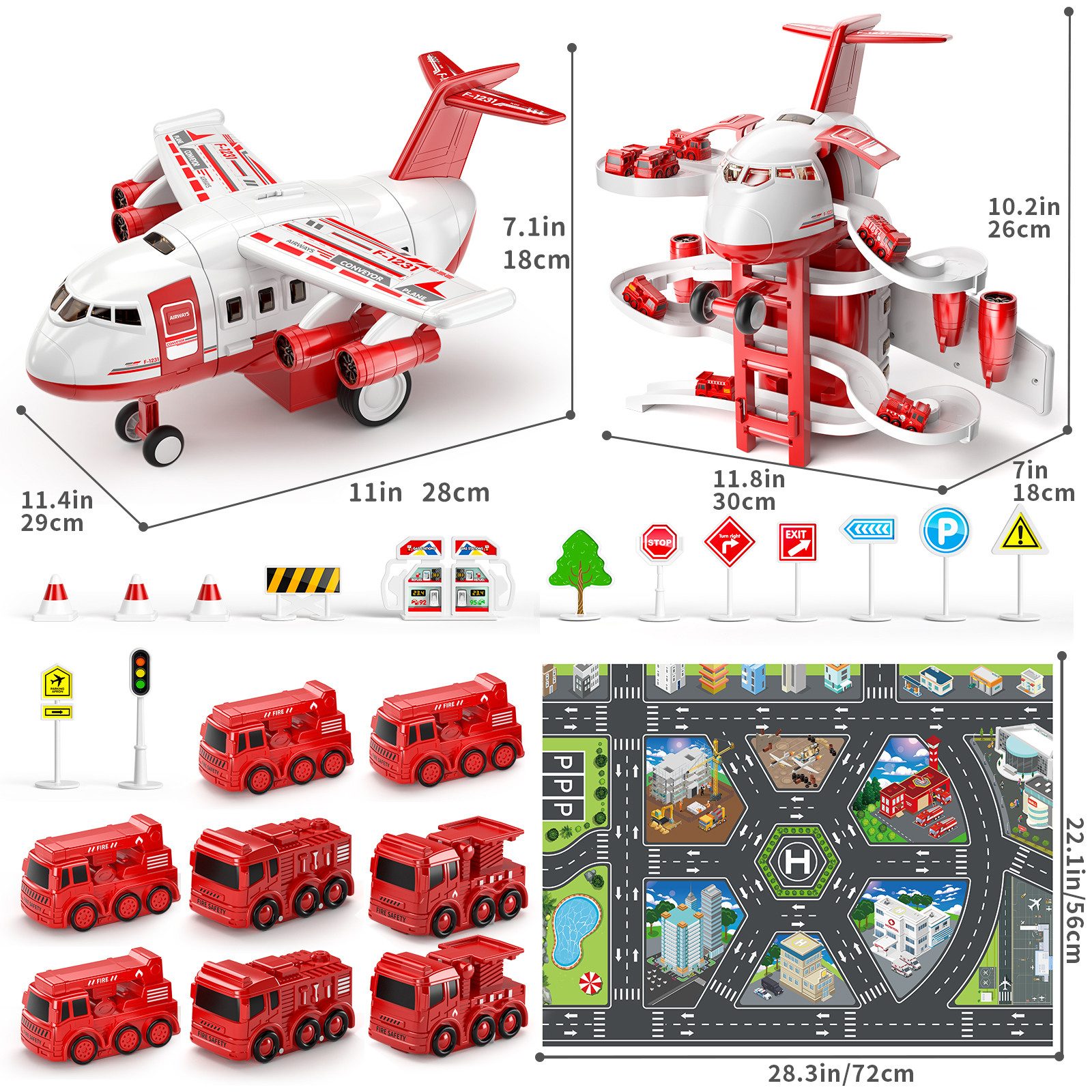 TEMI Spielzeug-Flugzeug Kinder Flugzeugspielzeug, Rennstrecken-Autospielzeug, (Set, 1 x Luftfahrzeug,8 x Kleinwagen,1 x Karte), Ausgestattet mit Ton und Licht, abnehmbare Schieberkombination