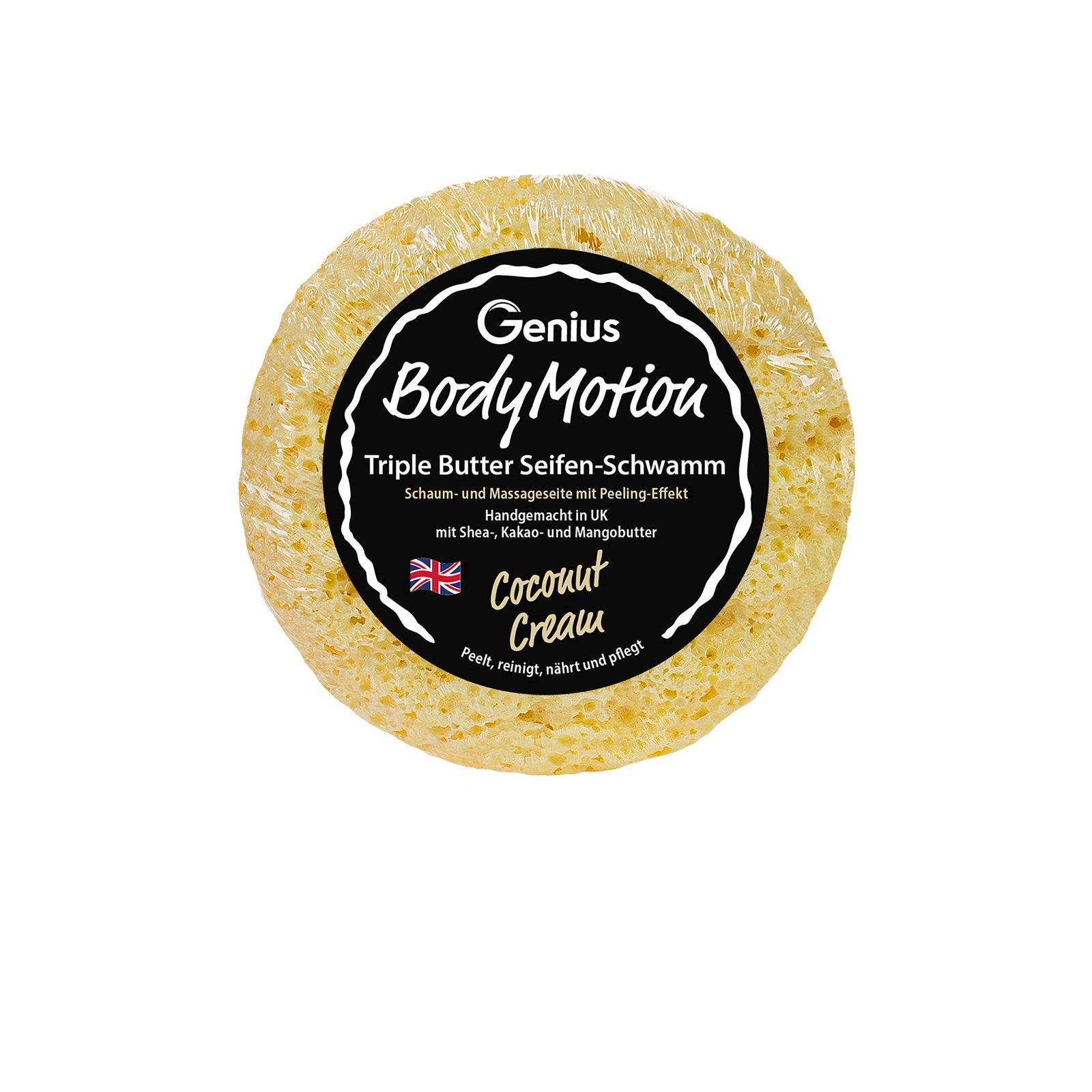 Genius Körperschaum Body Motion Triple Butter Seifen-Schwamm Duschschwamm Peeling mit Duft, ohne Tierversuche, Peeling, Reinigung, handgemacht Made in UK