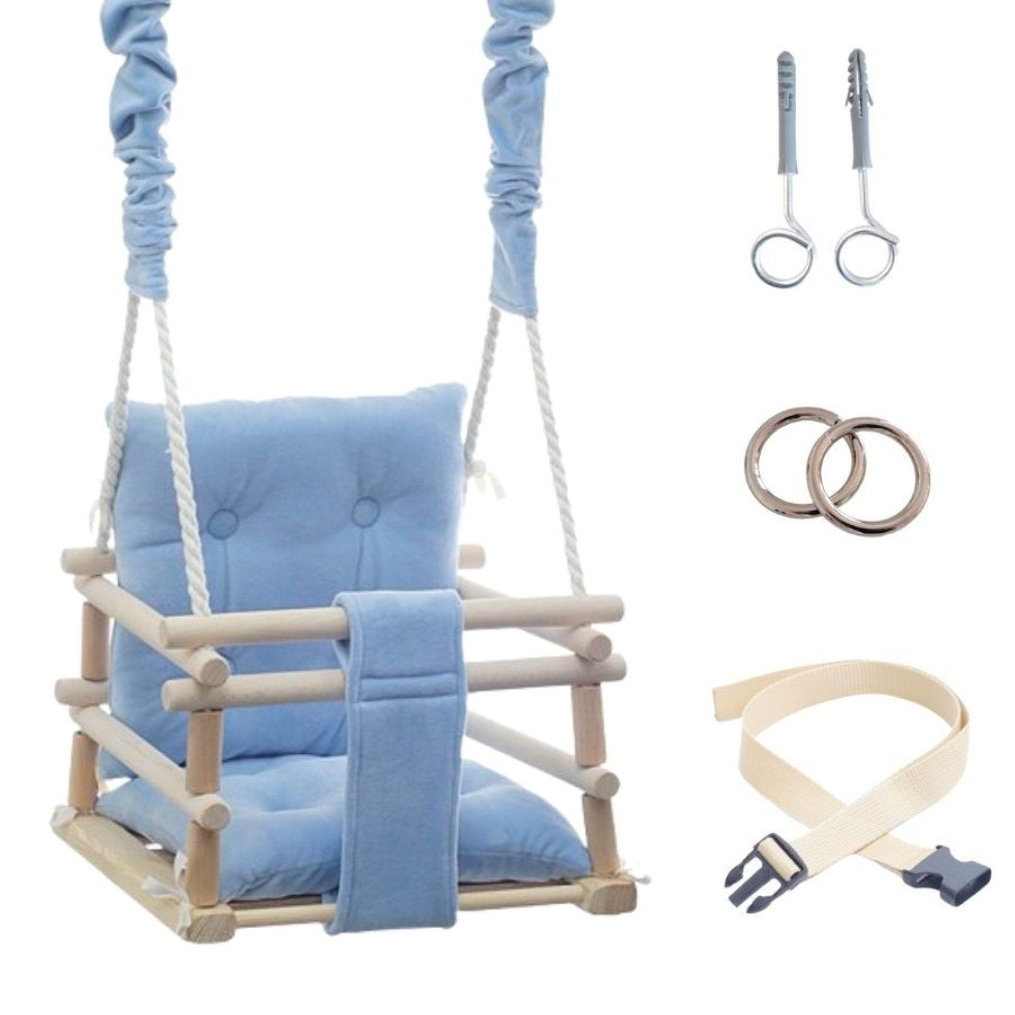 LuMali Babyschaukel Babyschaukel Magic 3in1 Holz Sicherheitsgurt drinnen draußen 34cm, Kinderschaukel Naturholz Kiefer weich verstellbar 10-36 Monate