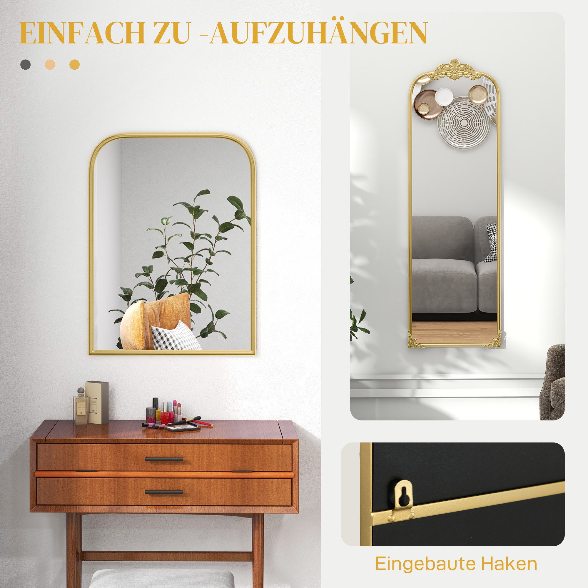 HOMCOM Wandspiegel Spiegel 60 x 87cm mit Rahmen aus Metall Dekorativer Hängespiegel (Badezimmerspiegel, 1-St., Dekospiegel), für Wohnzimmer, Schlafzimmer, Gold – Bild 5 von 5