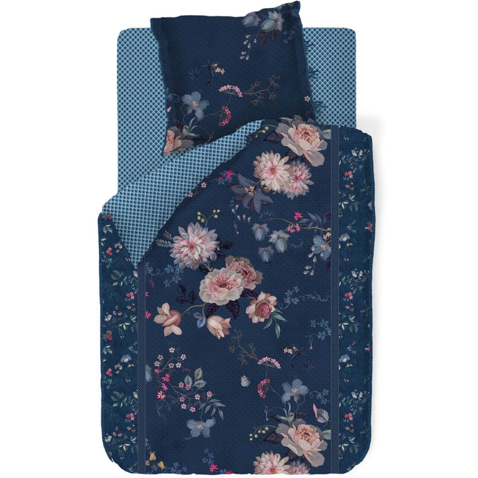 PiP Studio Bettwäsche Tokyo Bouquet Dunkelblau, Perkal, 2 teilig, Lilien, Dahlien, Punkte