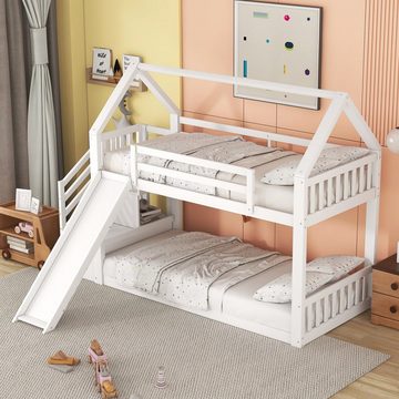 OKWISH Bett Etagenbett, Kinderbett, Hausbett 90x200cm (mit Stauraumtreppe und Rutsche, mit Geländer), geeignet für Kinder, Jugendliche, Ohne Matratze