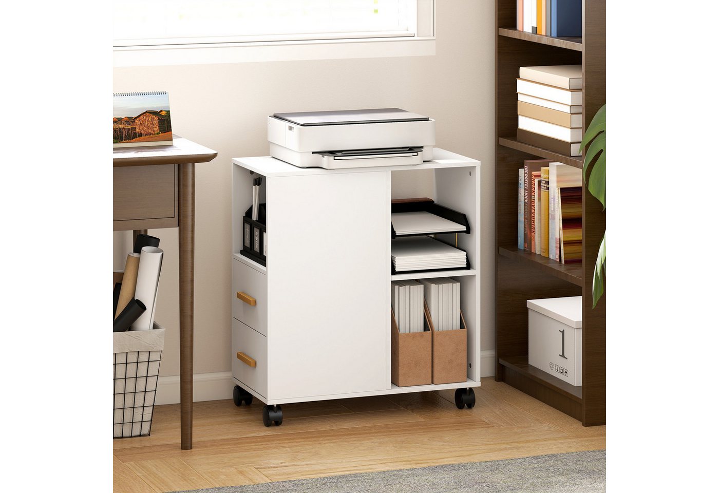 HOMCOM Aktenschrank Druckerständer Druckertisch Schreibtisch Organizer für Drucker (Set, 1-St., Druckerwagen) Mit Rollen und verstellbarem Regalboden
