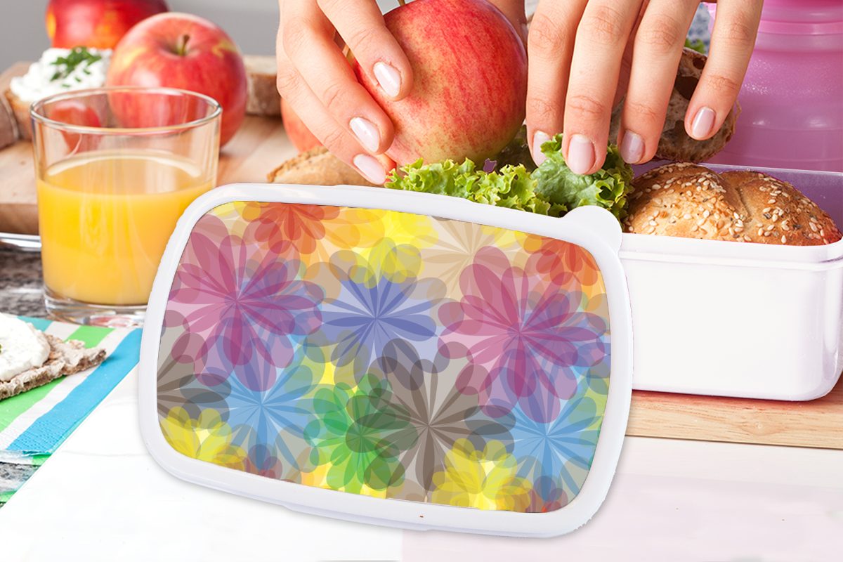 MuchoWow Lunchbox Brotbox für Regenbogen Blumen Kinder weiß - Erwachsene, Brotdose, - Kunststoff, und Abstrakt (2-tlg), Muster, Mädchen Jungs und für 