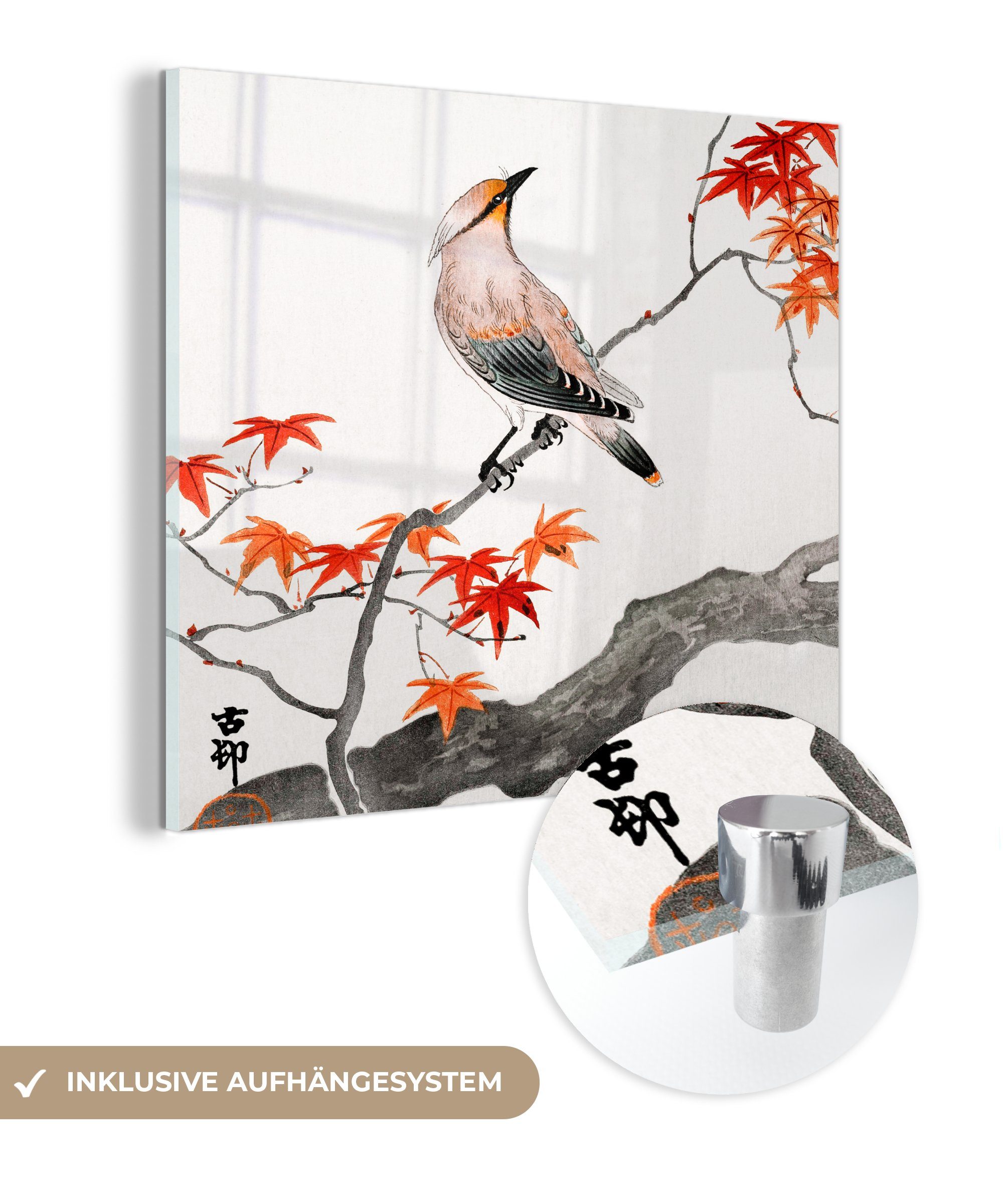 Bilder Wanddekoration (1 auf MuchoWow - - Vintage Glas auf Foto - Acrylglasbild Vogel - - Glasbilder Wandbild Baum Glas Japanischer - St), Ahorn,