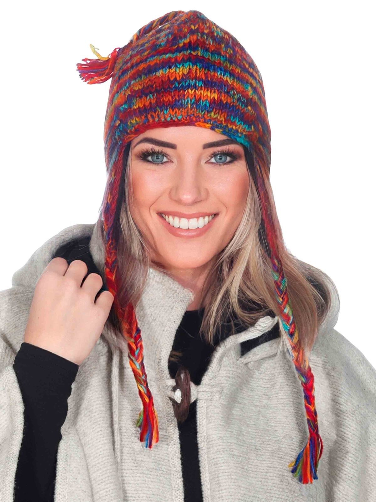 KUNST UND MAGIE Bommelmütze Strickmütze Zipfelmütze Wollmütze Rainbow Ohrenklappen Fair Nepal