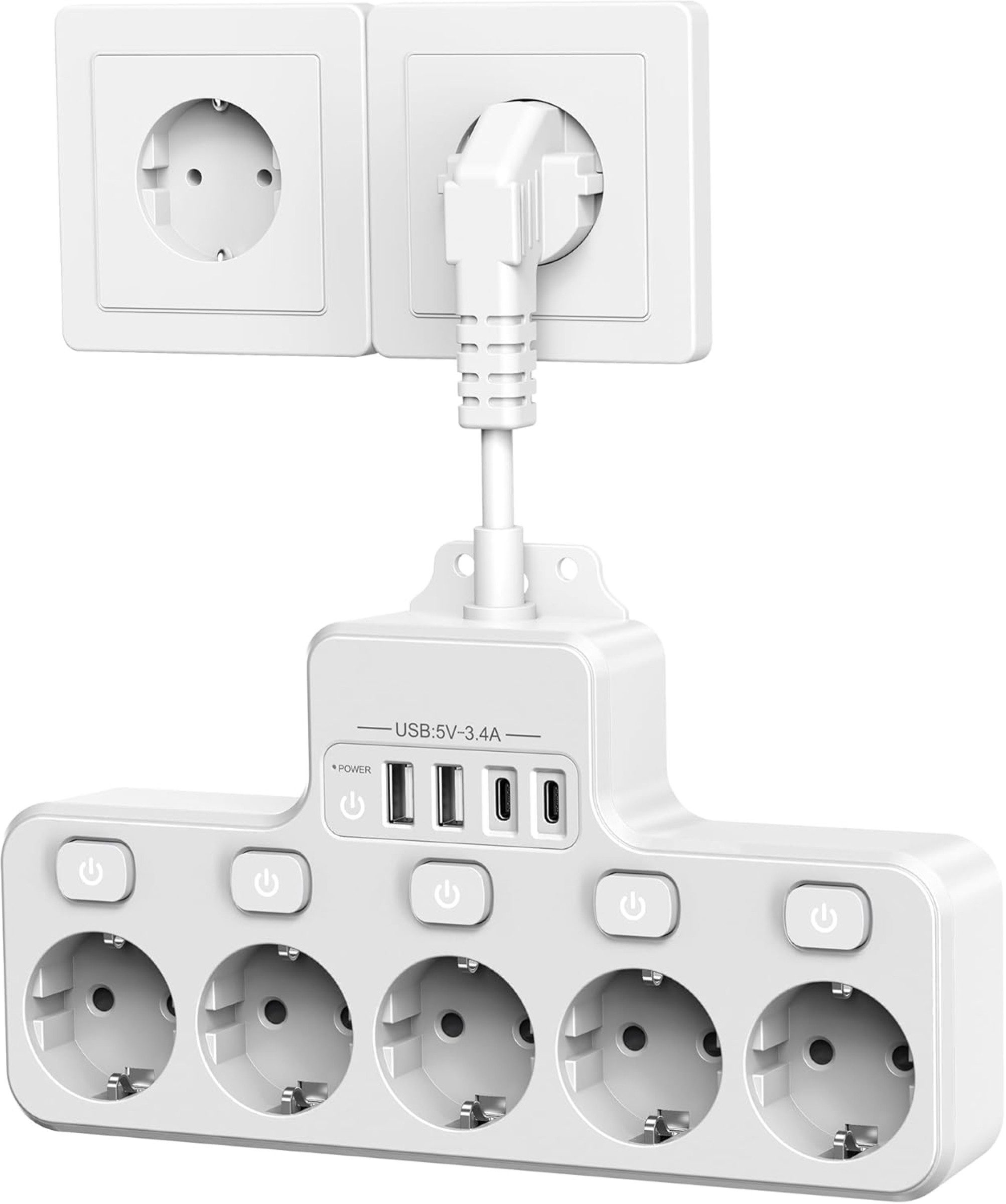 Heqishun 9in1 Steckdosenleiste mit 5 Schuko Steckdosen USB-A USB-C 4000W Mehrfachsteckdose 5-fach (4 USB-Anschlüsse (2x USB-A, 2x USB-C), USB-Touch-Schalter, Einzelschalter für Steckdosen, Kindersicherung, LED-Anzeige, 5 Schuko-Steckdosen, Wandbefestigung möglich, Kurzschlussschutz, Überlastschutz, Kindersicherung, Überspannungsschutz, Kabellänge 0,1 m), 5 Steckdosen, 4 USB, USB-C, Einzelschalter, Überspannungsschutz