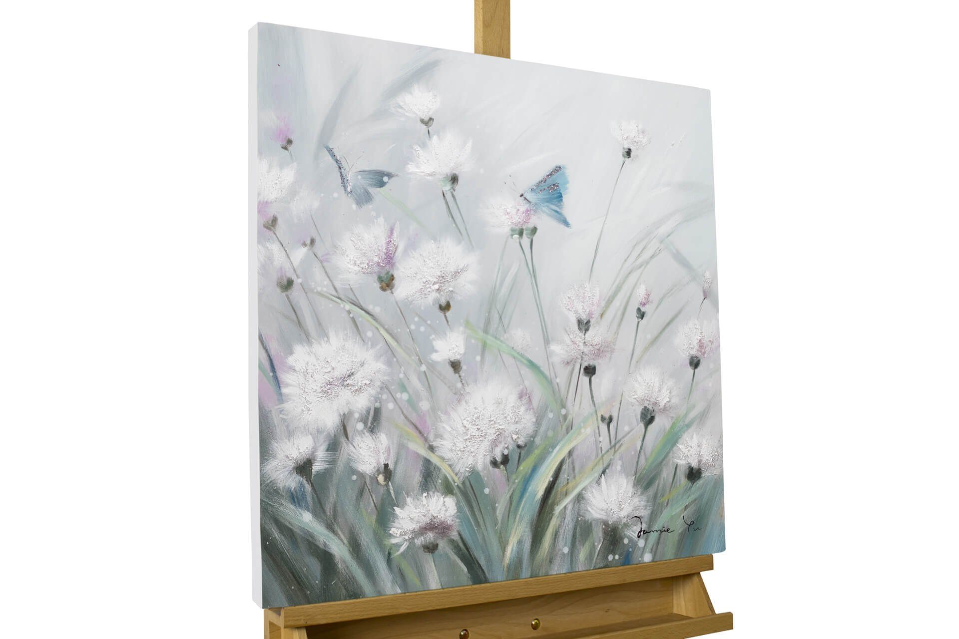 KUNSTLOFT Gemälde Blütenschimmer 60x60 cm, Leinwandbild 100% HANDGEMALT Wandbild Wohnzimmer