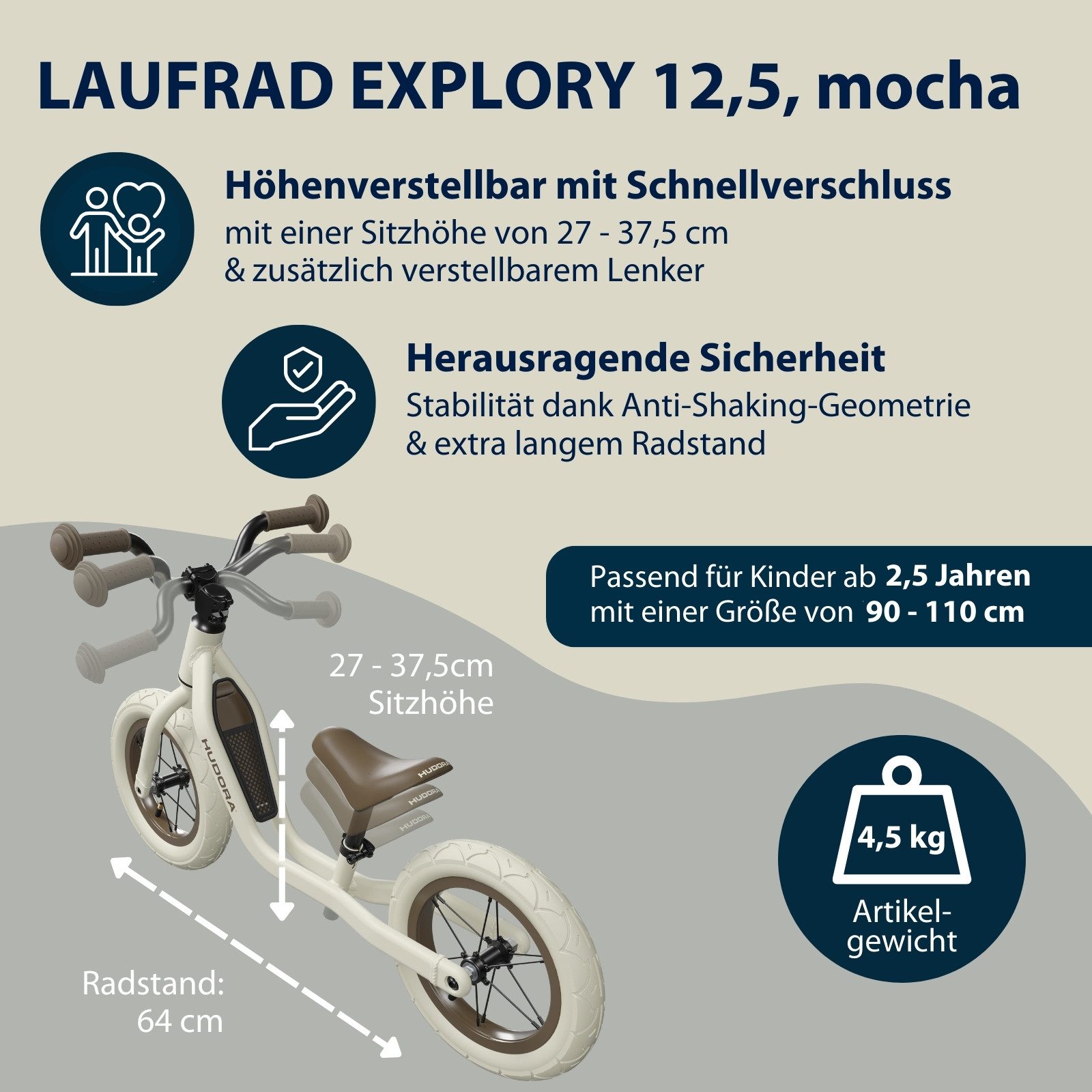 Hudora Laufrad Explory, für Kinder ab 18 Monaten, verstellbare Sattelhöhe, Luftreifen