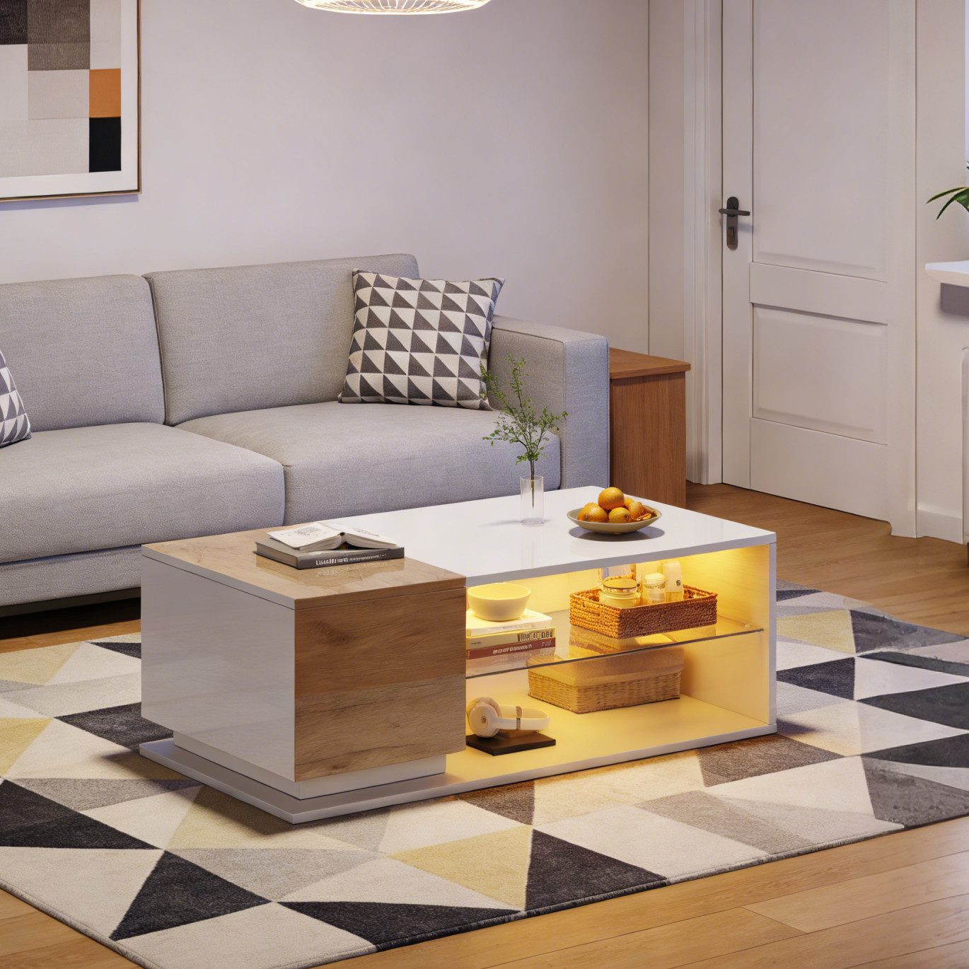 STILVORA Couchtisch mit Strauraum,Hochglanz-Wohnzimmertisch Sofatisch mit LED-Lichtleiste (Wohnzimmertisch, Satztisch, 1-St., Hochglanz), mit Beleuchtung und LED-Lichtleiste