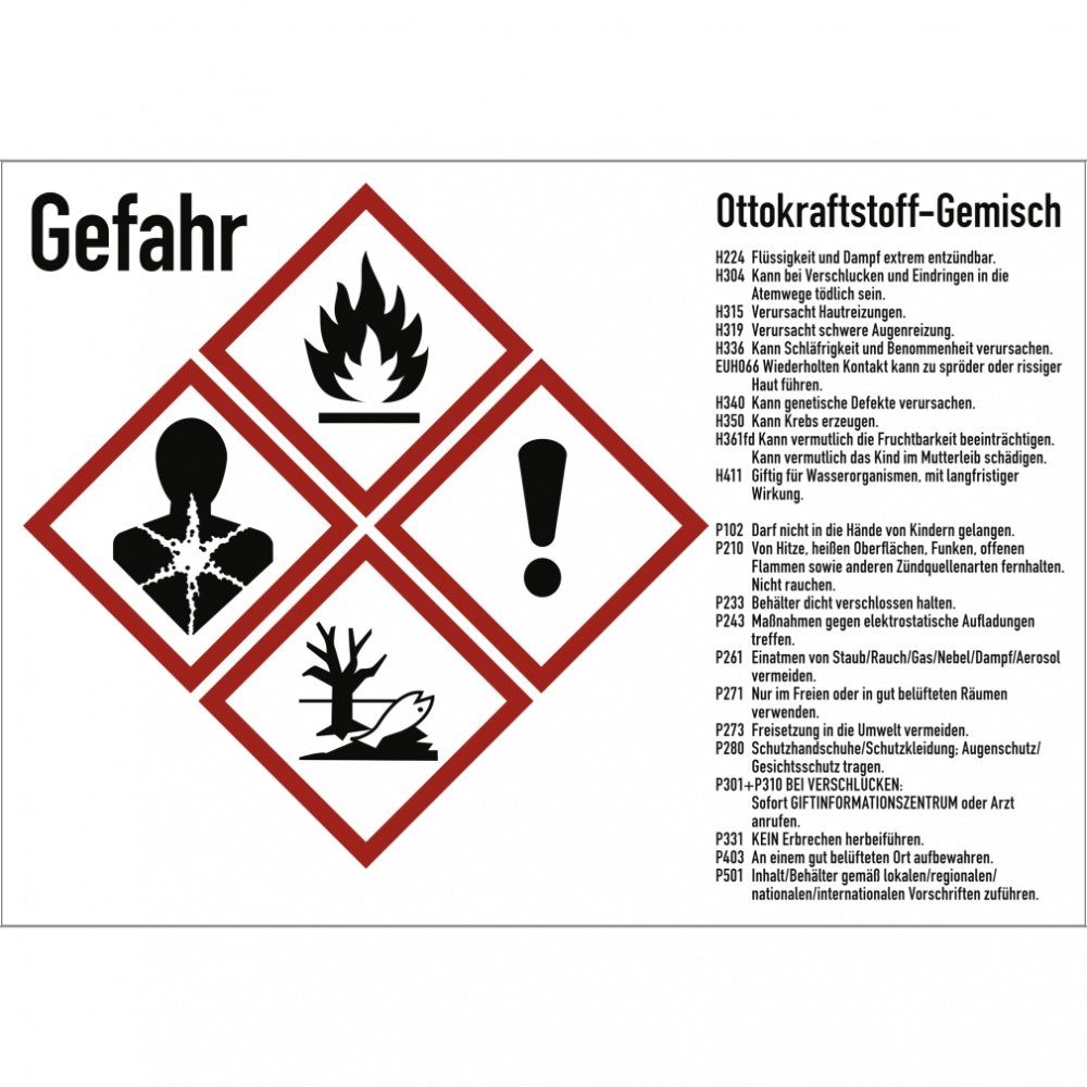 Hinweisschild Gefahrstoffkennzeichnung Ottokraftstoff Gemisch, Kombischild, GHS