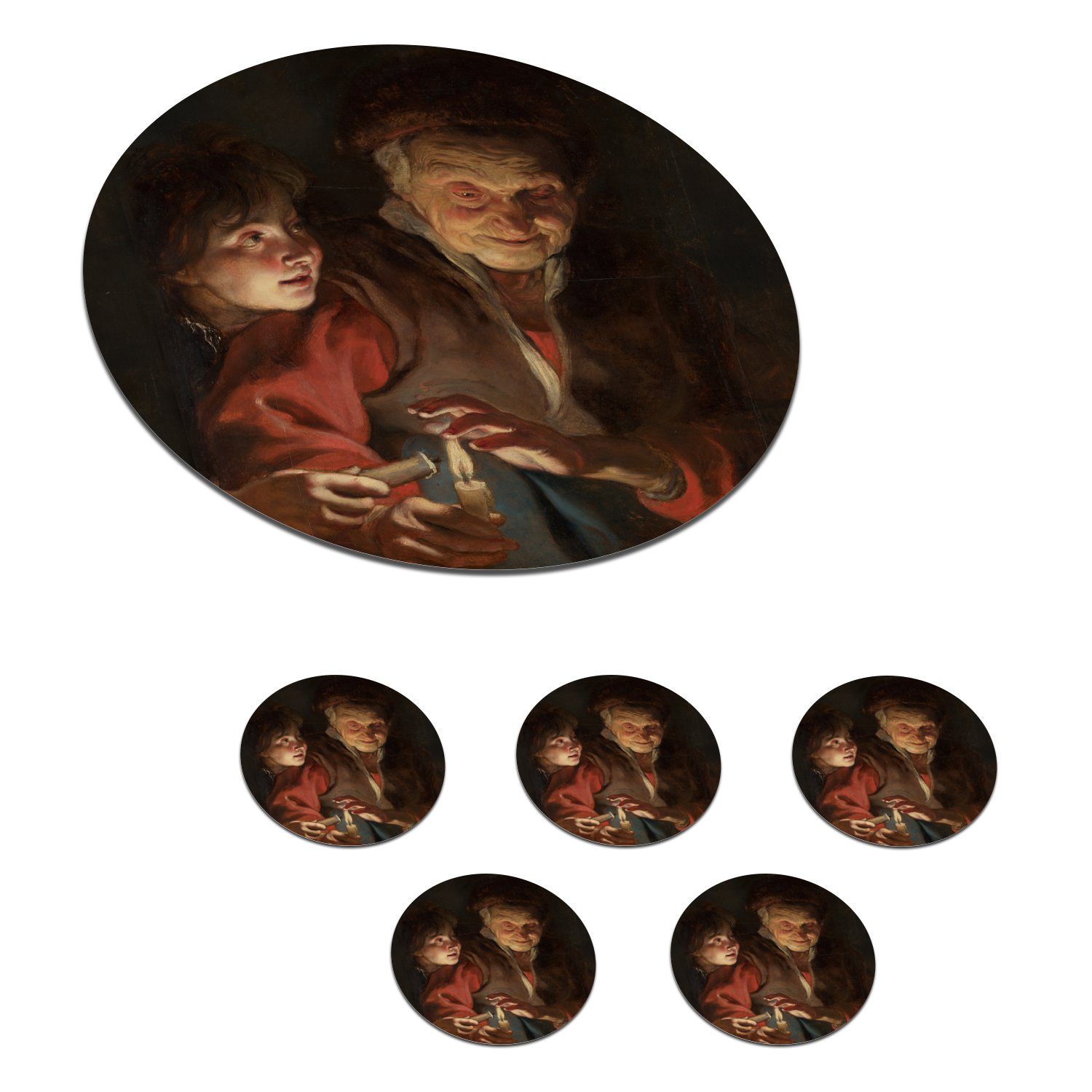 MuchoWow Glasuntersetzer Alte Frau und Junge mit Kerzen - Gemälde von Peter Paul Rubens, Zubehör für Gläser, 6-tlg., Getränkeuntersetzer, Tassenuntersetzer, Korkuntersetzer, Tasse, Becher