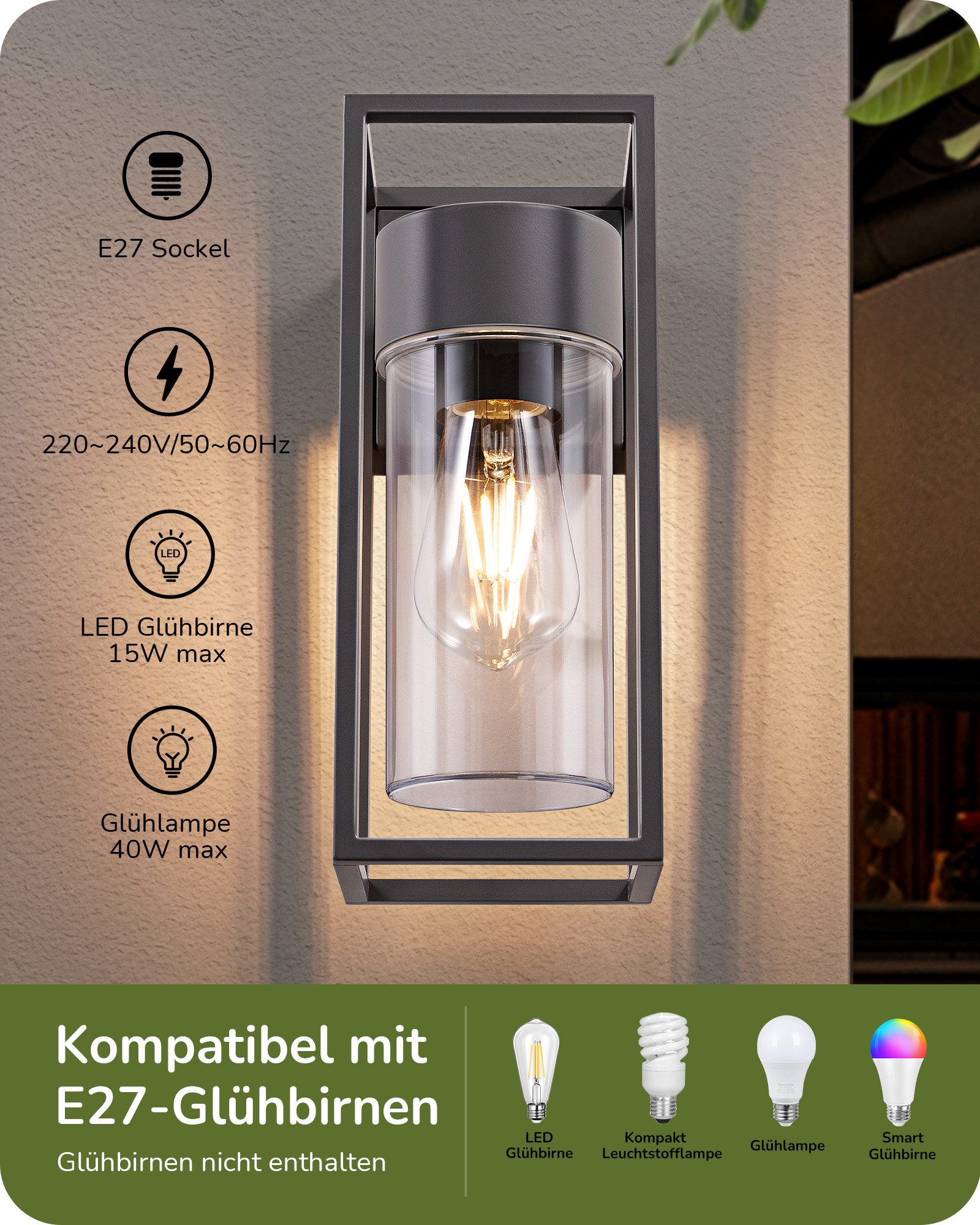 EDISHINE Wandleuchte, ohne Leuchtmittel, Wandbeleuchtung für Hauswand, Terrassenbeleuchtung