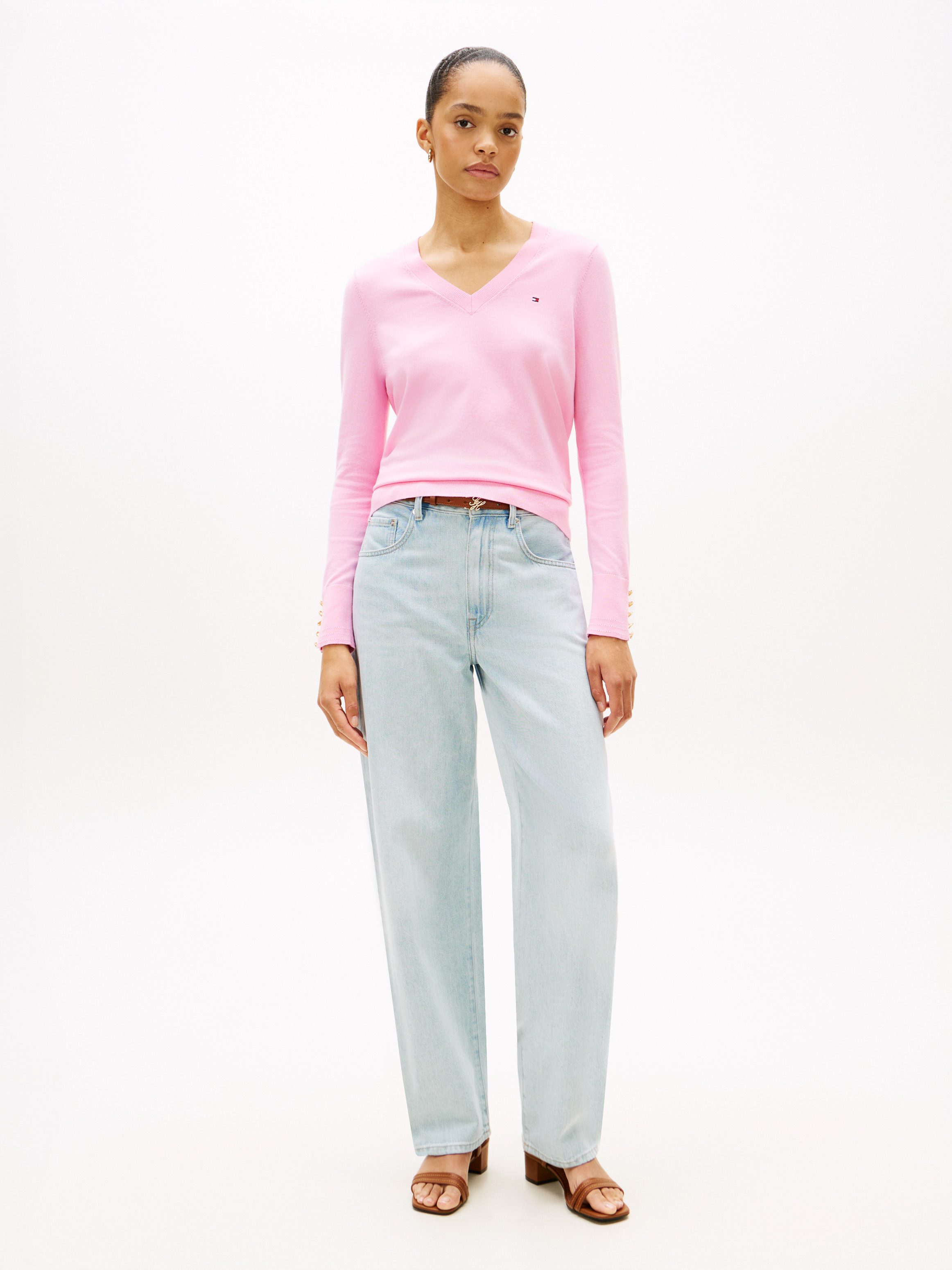 Tommy Hilfiger Strickpullover STITCH V-NECK mit Knopfdetail am Ärmel, Regular Fit