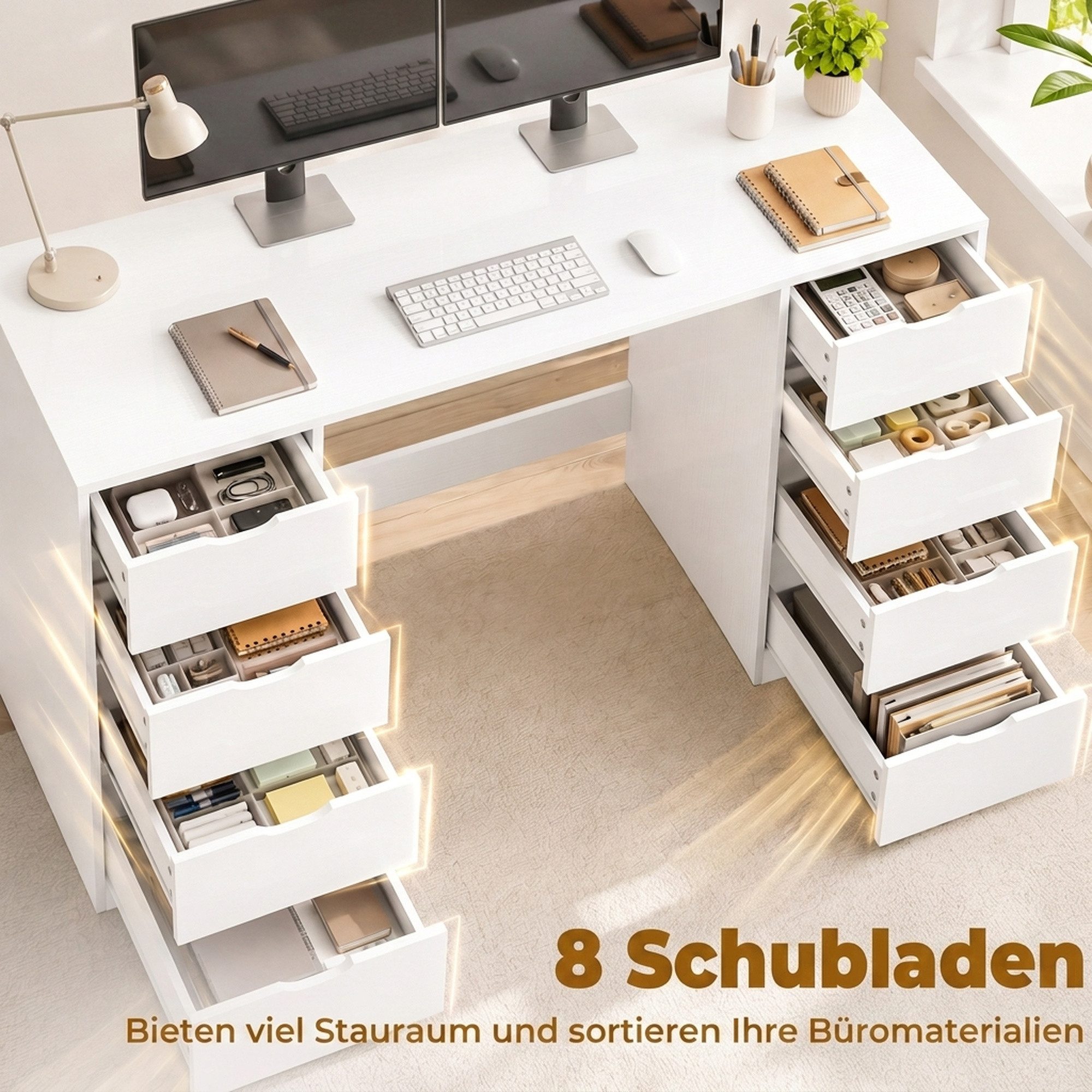 HOMCOM Schreibtisch Computertisch mit 8 Schubladen für Büro und Wohnzimmer (Set, 1-St., 1 Tisch), Breite 140 cm – Bild 4 von 5