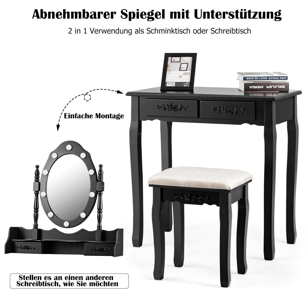 COSTWAY Schminktisch, mit Hocker, 4 Spiegel&Beleuchtung Schubladen, drehbarem Schwarz