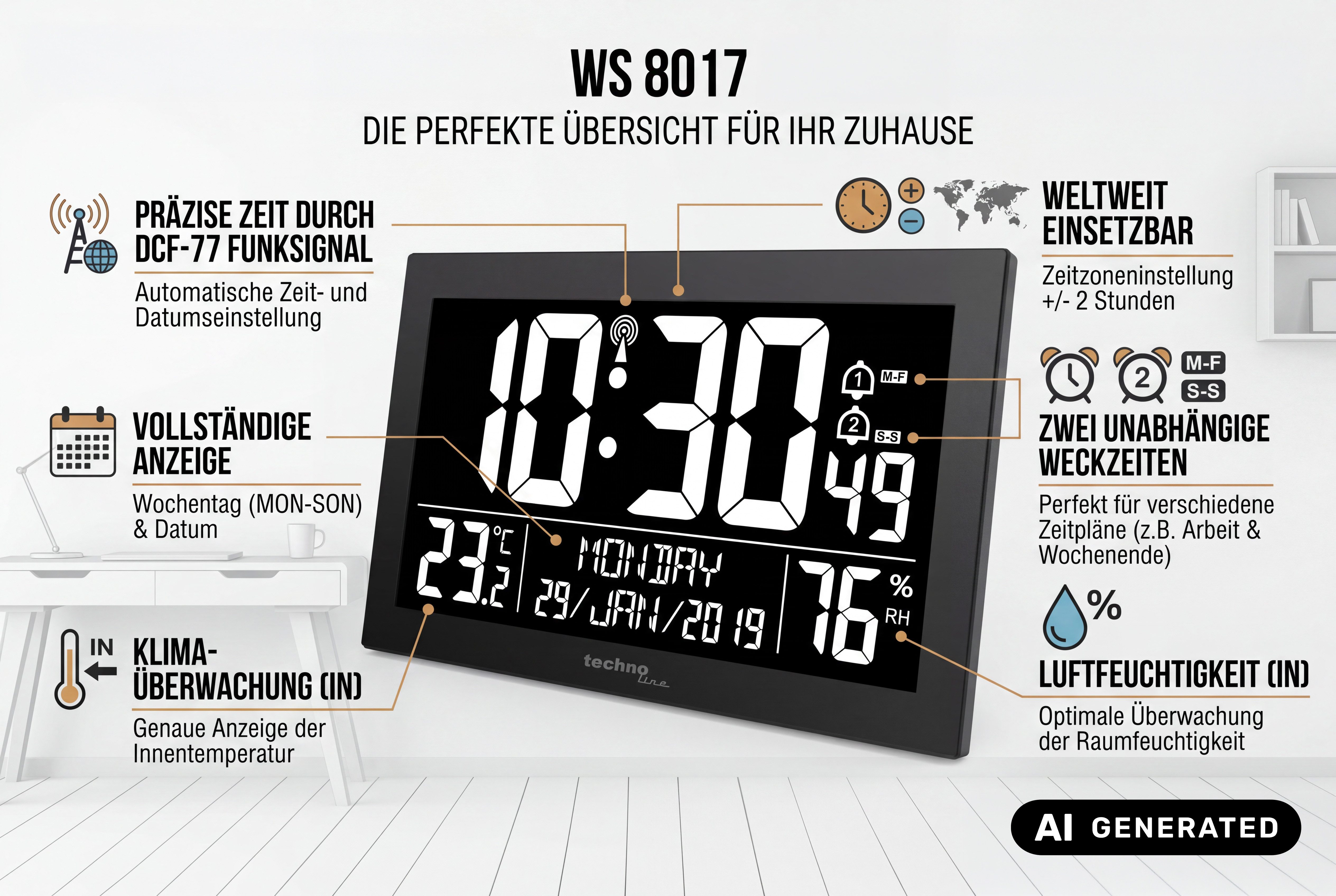 technoline Funkwanduhr WS 8017 (mit Temperatur- und Luftfeuchteanzeige)