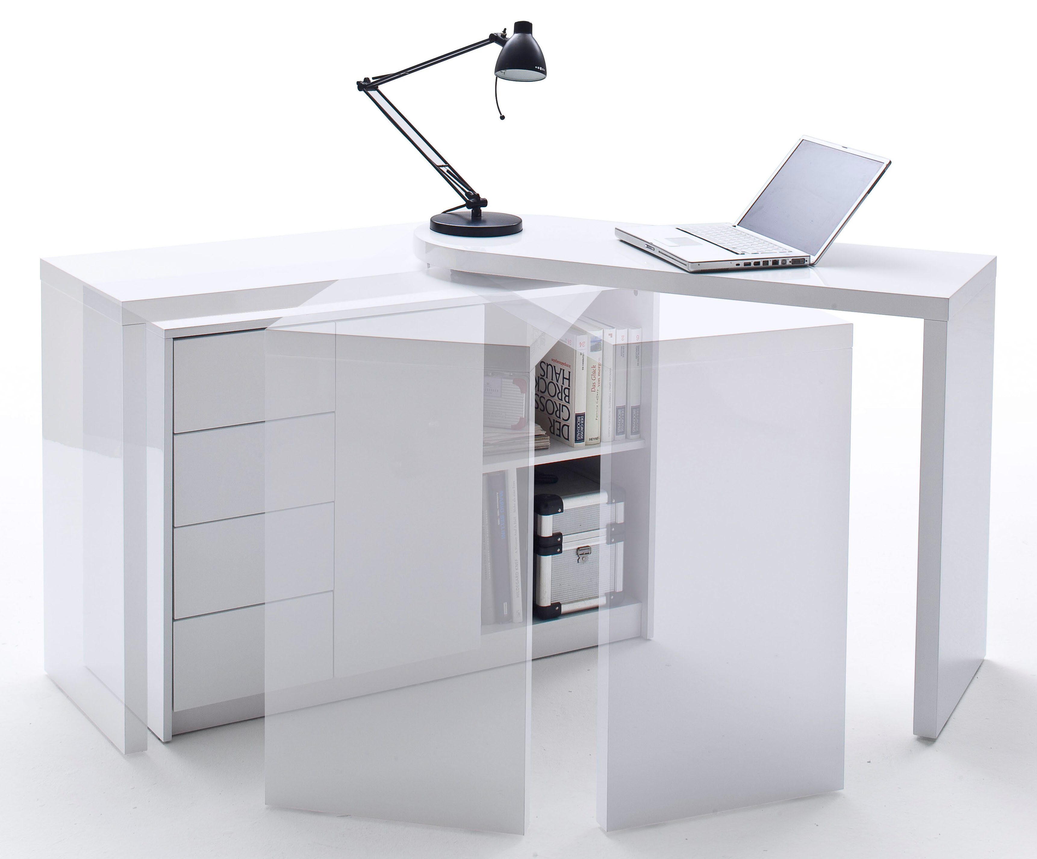 Hochglanz Matt, furniture mit Tischplatte Schwenkbar Regalschrank, MCA Schreibtisch Weiß