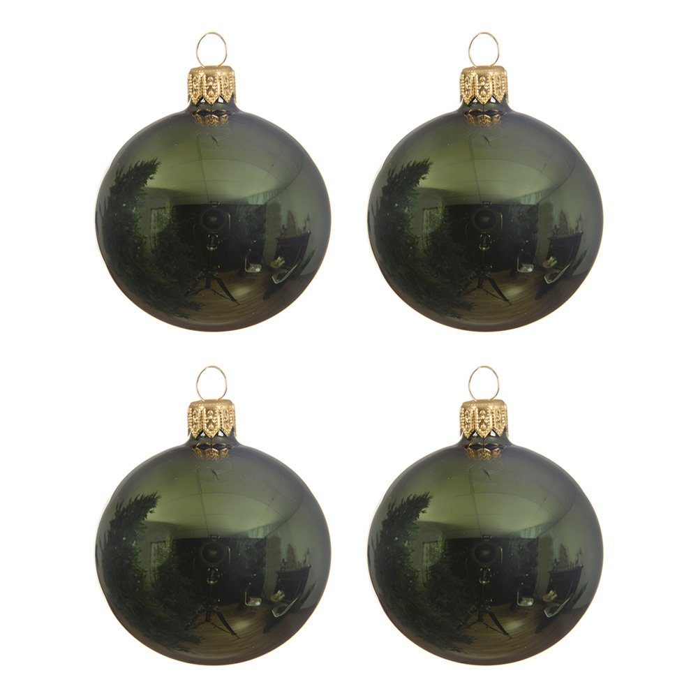 Kaemingk Weihnachtsbaumkugel, Weihnachtskugeln Glas 10cm mundgeblasen 4er Box - Piniengrün glänzend