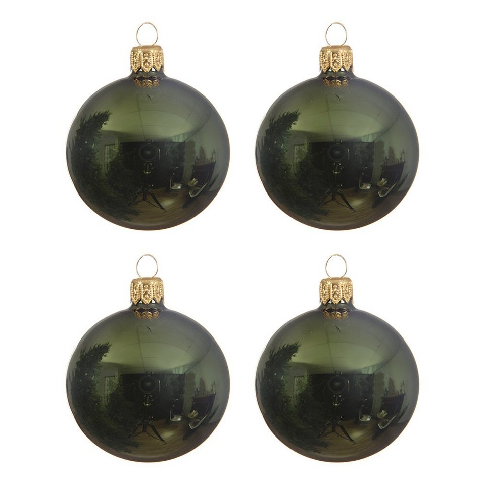 Decoris season decorations Weihnachtsbaumkugel, Weihnachtskugeln Glas 10cm  mundgeblasen 4er Box - Piniengrün glänzend