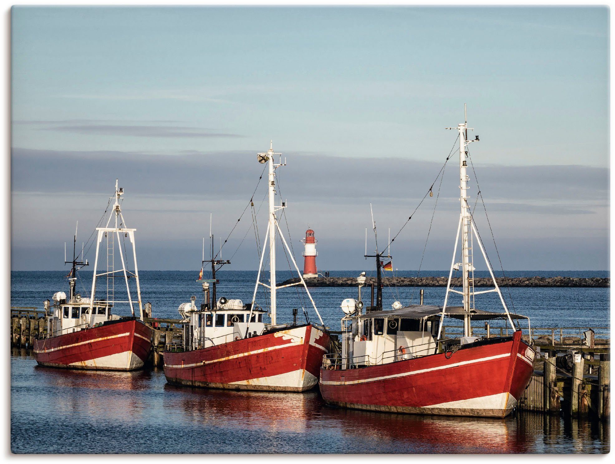 Leinwandbild Fischerboote und Mole in Warnemünde