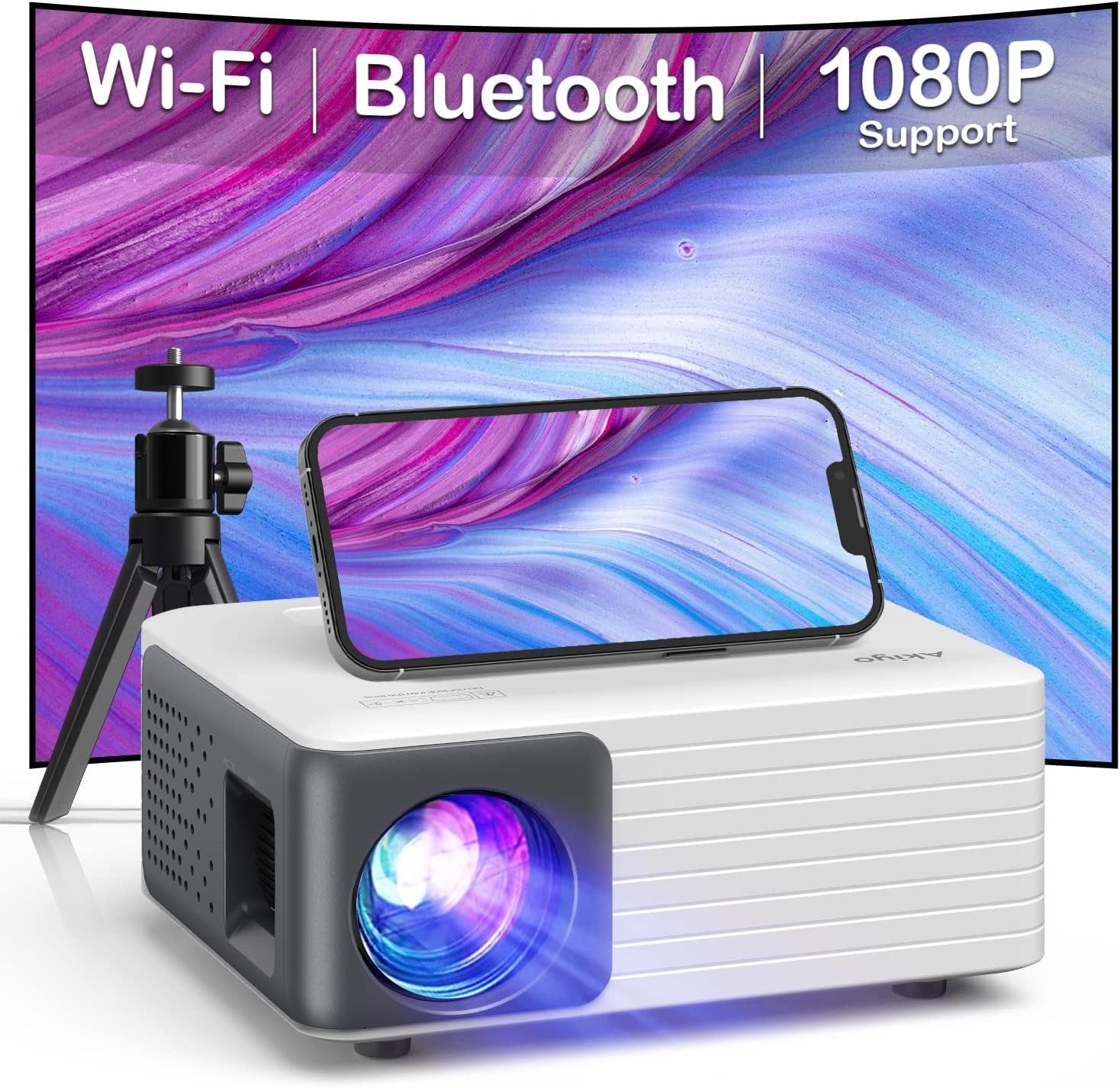 AKIYO WiFi Bluetooth 1080P Unterstützung Heimkino Portabler Projektor (120 lm, 1280*720 px, Kompatibel mit iOS, Android, PC, PS5, Xbox, Firestick)
