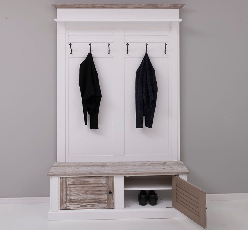 Massivholzmoebel-Becker Garderobe aus Massivholz mit Sitzfläche, 6 Haken und Schuhschrank