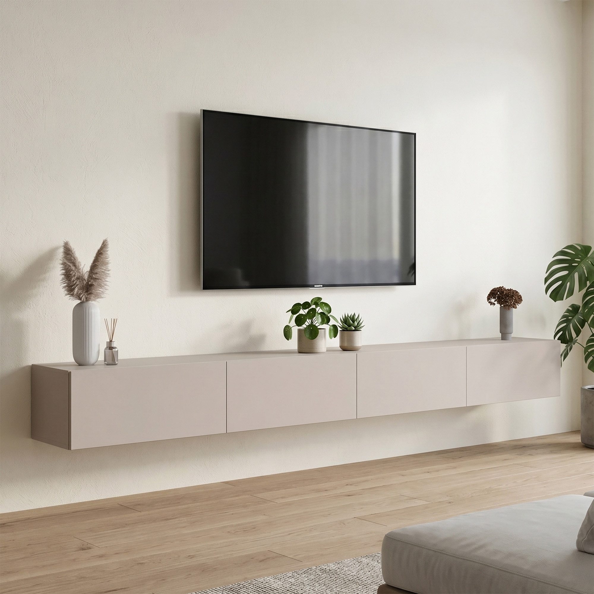 Planetmöbel TV-Schrank West TV-Board, Fernsehtisch 280 cm lang, TV-Lowboard (für Fernseher bis 65 Zoll, TV Schrank viel Stauraum, sideboard hängend, Fernsehschrank 2x 140 x 30 x 37,5 cm) kaschmir