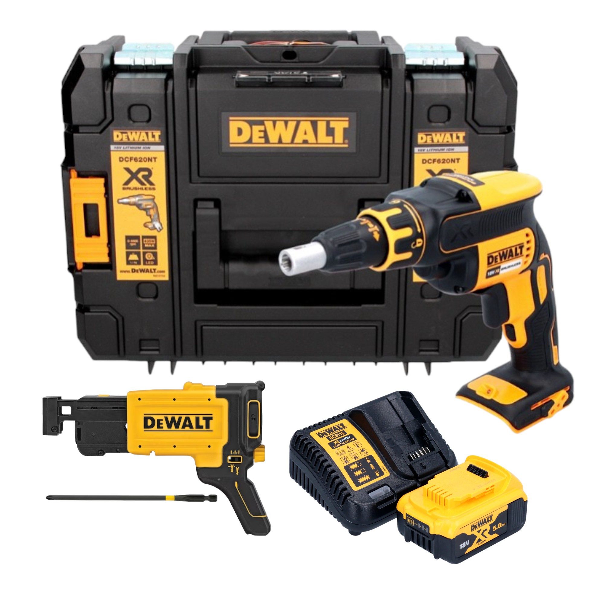 DeWalt Akku-Magazinschrauber DCF 620 P1T 18 V 30 Nm Brushless + 1x Akku 5,0 Ah + Ladegerät + TSTAK
