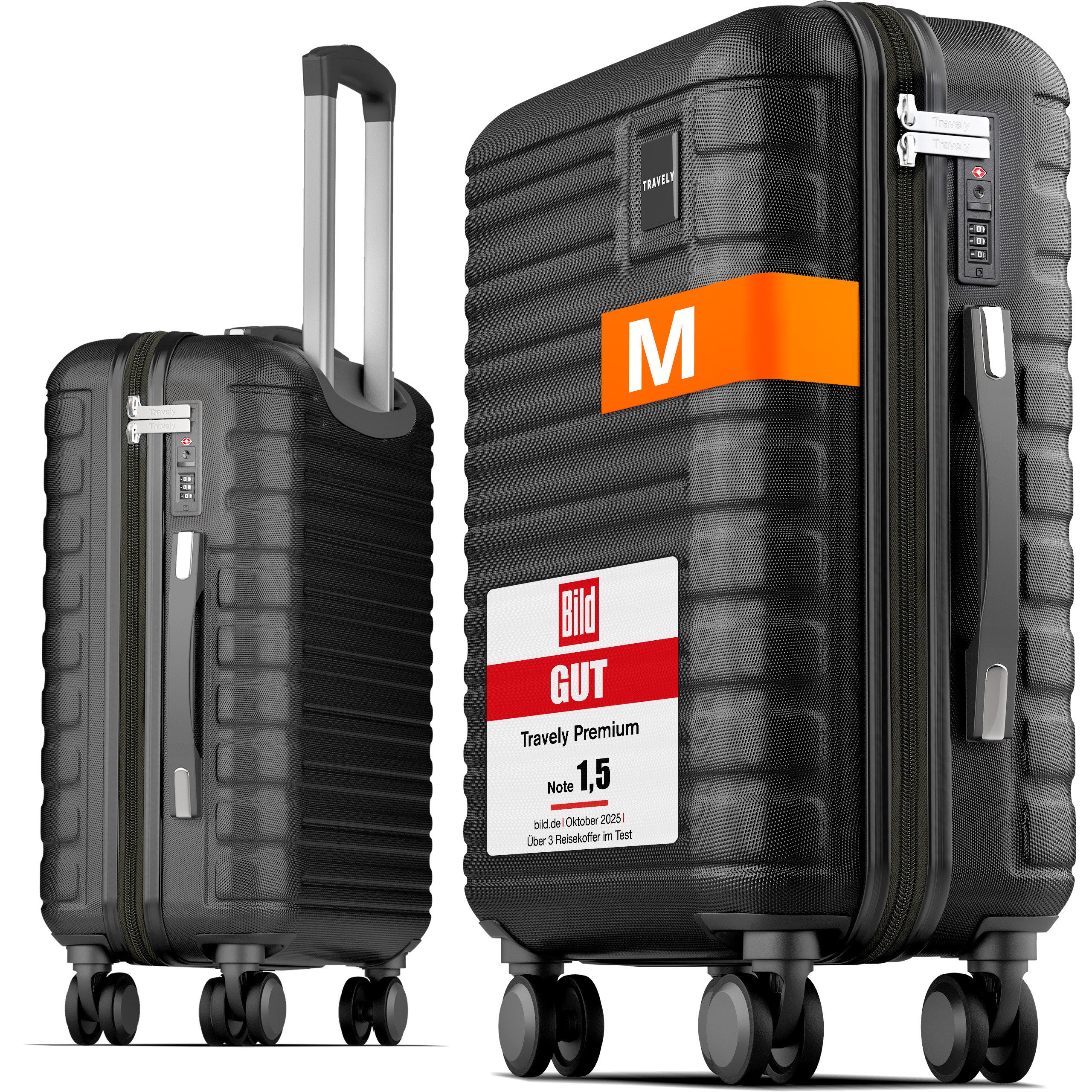 Travely Koffer Polycarbonat Handgepäck Koffer 55x40x20cm - für Ryanair Lufthansa etc, 4 Rollen, Designed in Germany, austauschbare Griffe und Rollen