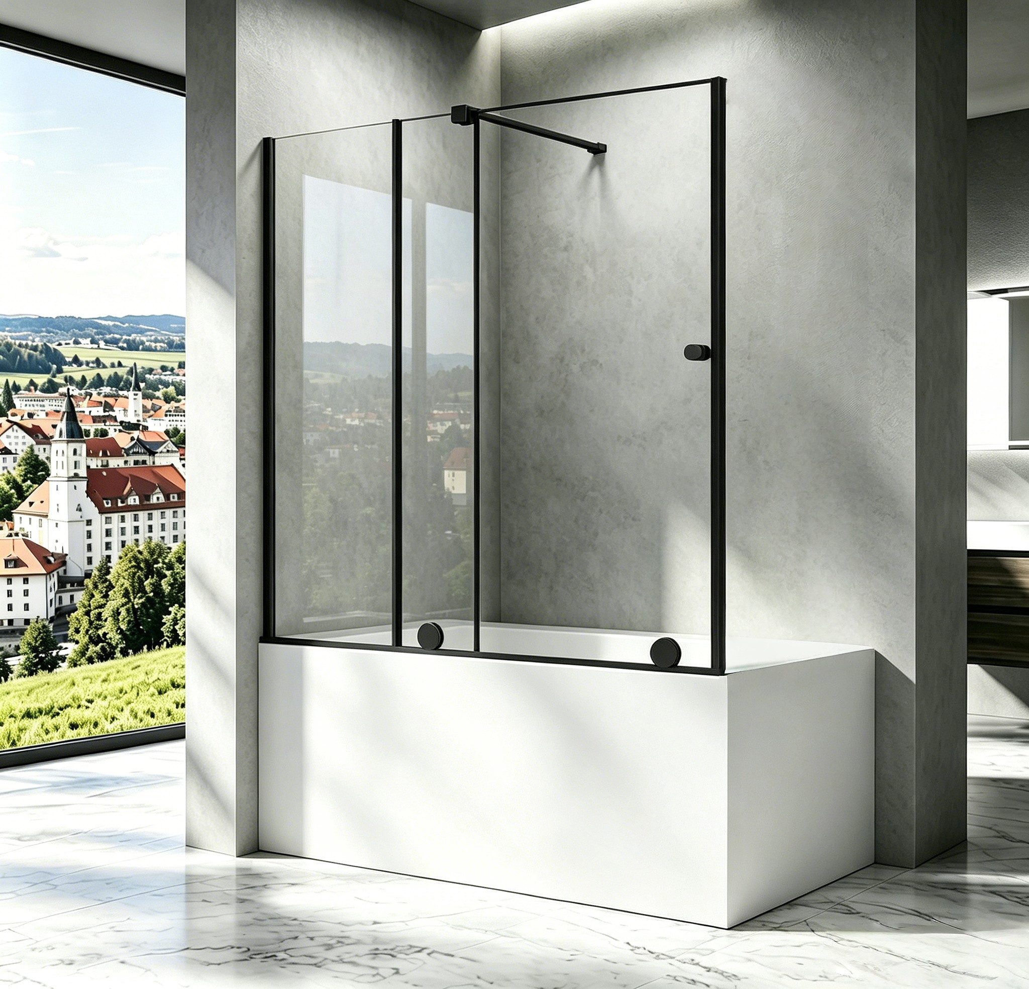 Boromal Badewannenaufsatz Schiebetür Duschtrennwand Glas Schwarz B: 70-115cm, 6mm Sicherheitsglas, (Duschwand für Badewanne Rahmenlos, mit Haltestangen & Türrollen), Rechts-und Links montierbar