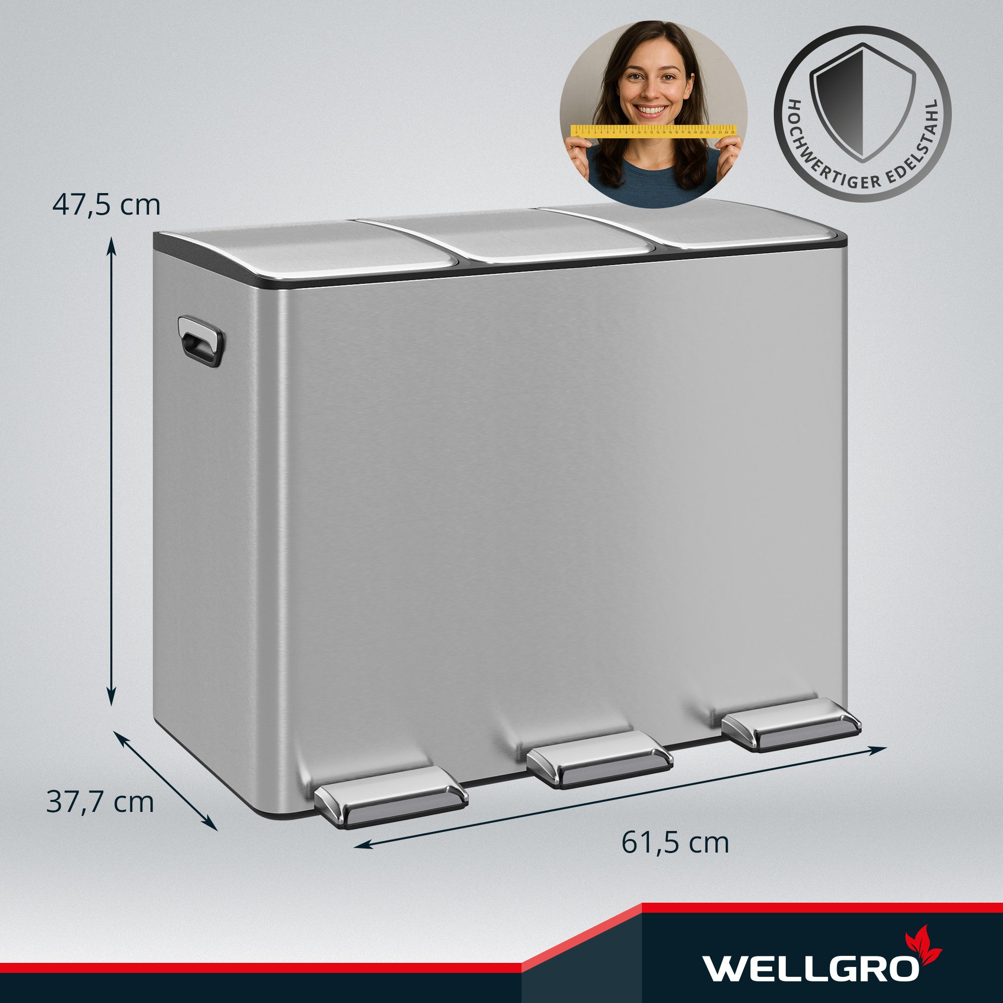 Wellgro Mülleimer Treteimer 3x15L – Edelstahl mit Softclose & Pedal