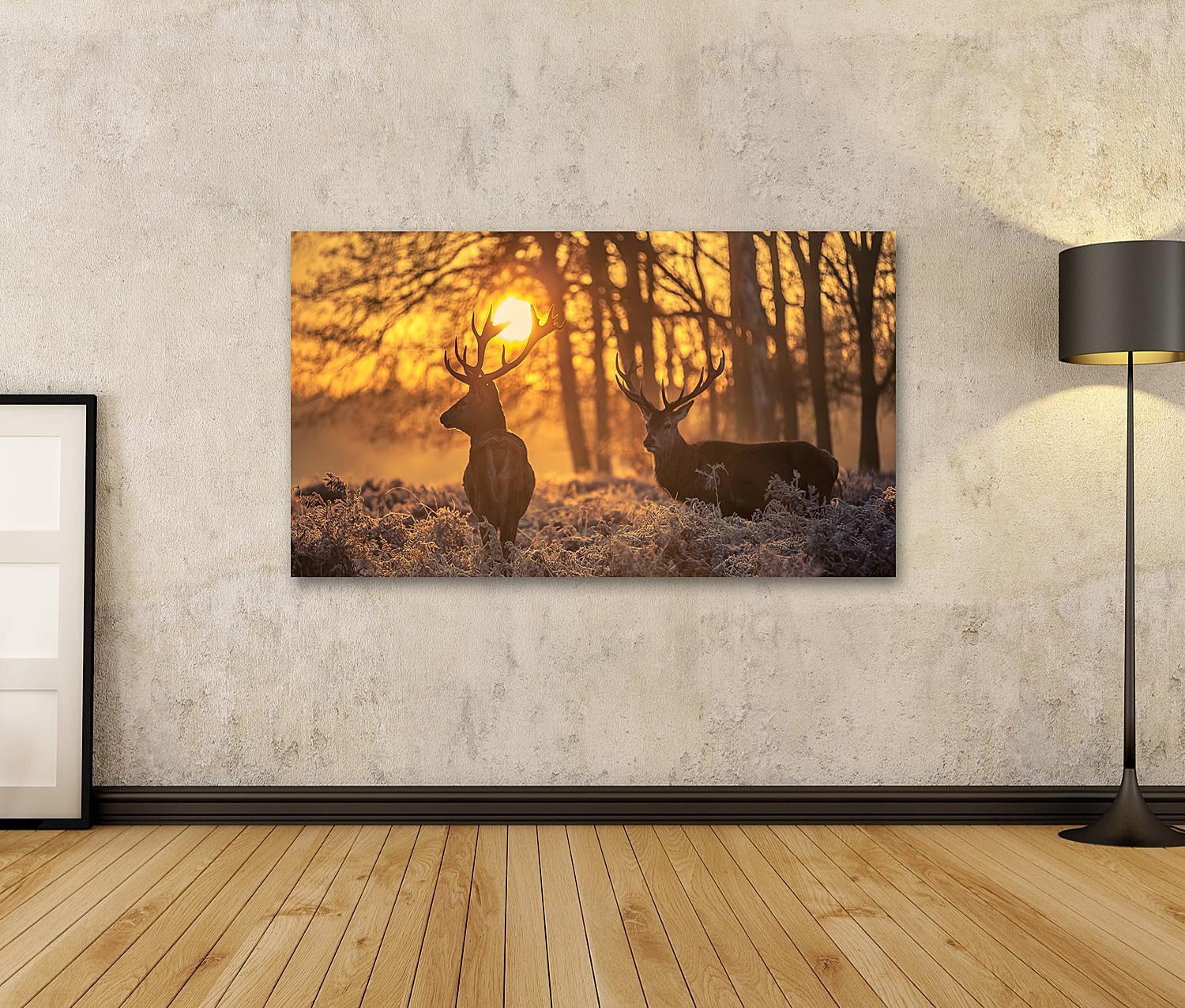 islandburner Leinwandbild Hirsche Bei Sonnenuntergang Im Wald