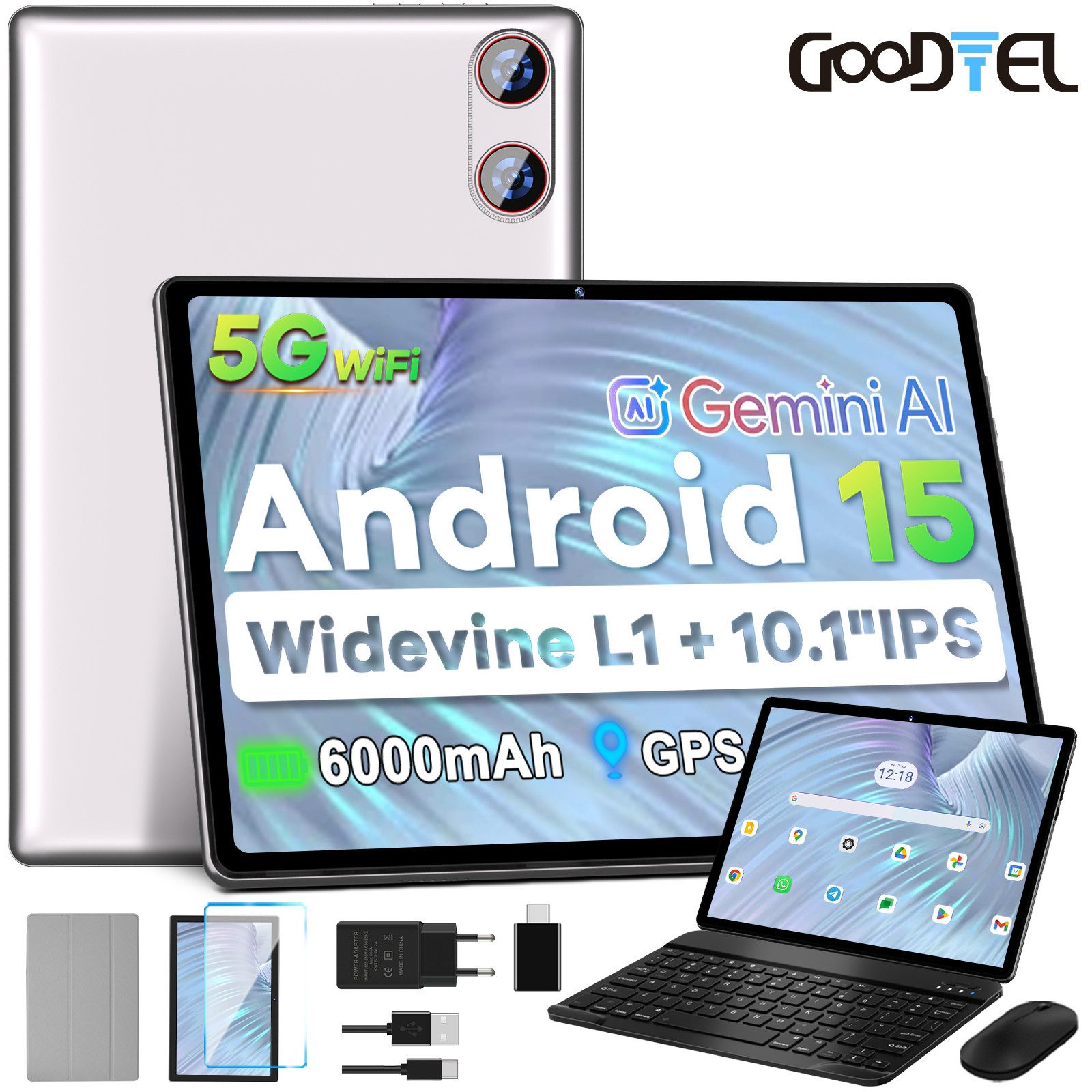 GOODTEL Tablet Android 15, WiFi, 30GB RAM 64GB Speicher erweitern bis zu 1TB Tablet (10,1", Android 15, 64GB Speicher/erweiterbar auf 512TB,6000mAh,Gemini AI,WiFi,Widevine L1)