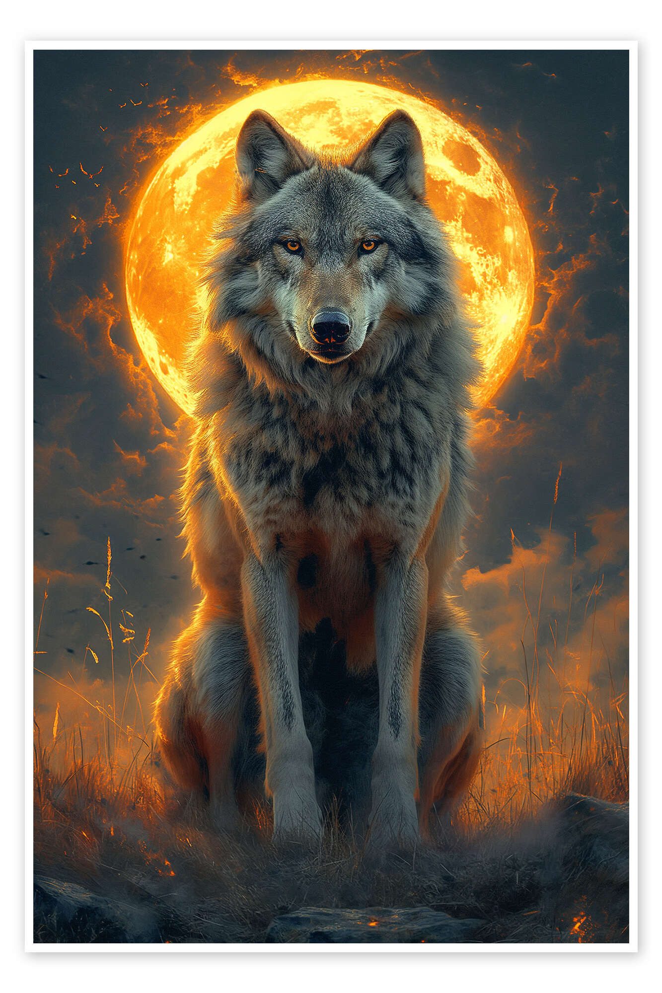 Posterlounge Wandbild Majestätischer Wolf unter einem feurigen Mond, Michael artefacti, erhältlich als Poster, Leinwandbild, Wandsticker oder Acrylglasbild