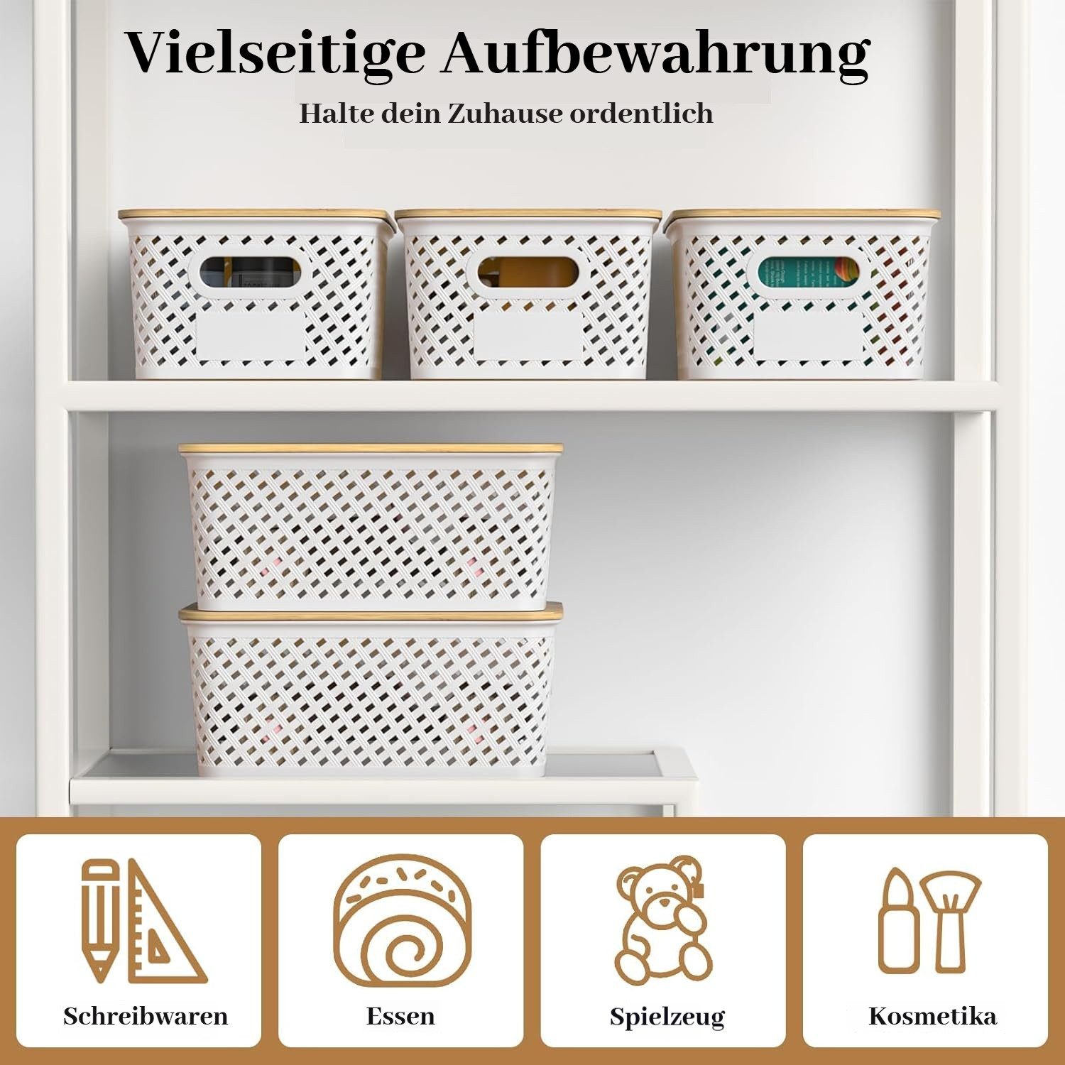 BlingBin Aufbewahrungsbox 6er-Set Aufbewahrungskorb mit Bambus Deckel, 5L Kunststoff Korb (6er Set, 6 St., 25,4 × 18,4 × 10,7 cm), Küchen Aufbewahrungsboxen für Regale, Schränke, Schränke und Zuhause
