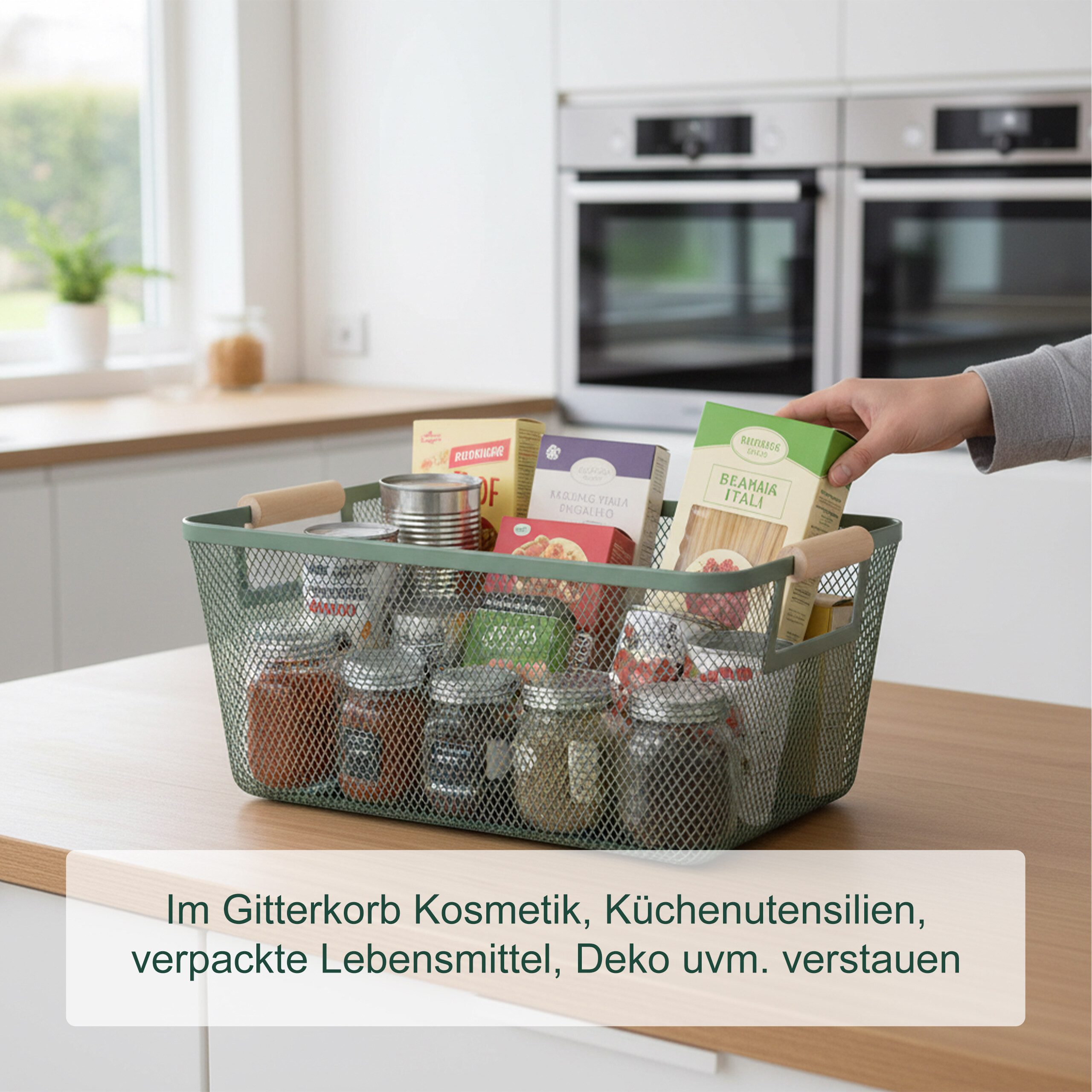 relaxdays Aufbewahrungskorb Drahtkorb mit Holzgriffen (1 St), Mint – Bild 3 von 5