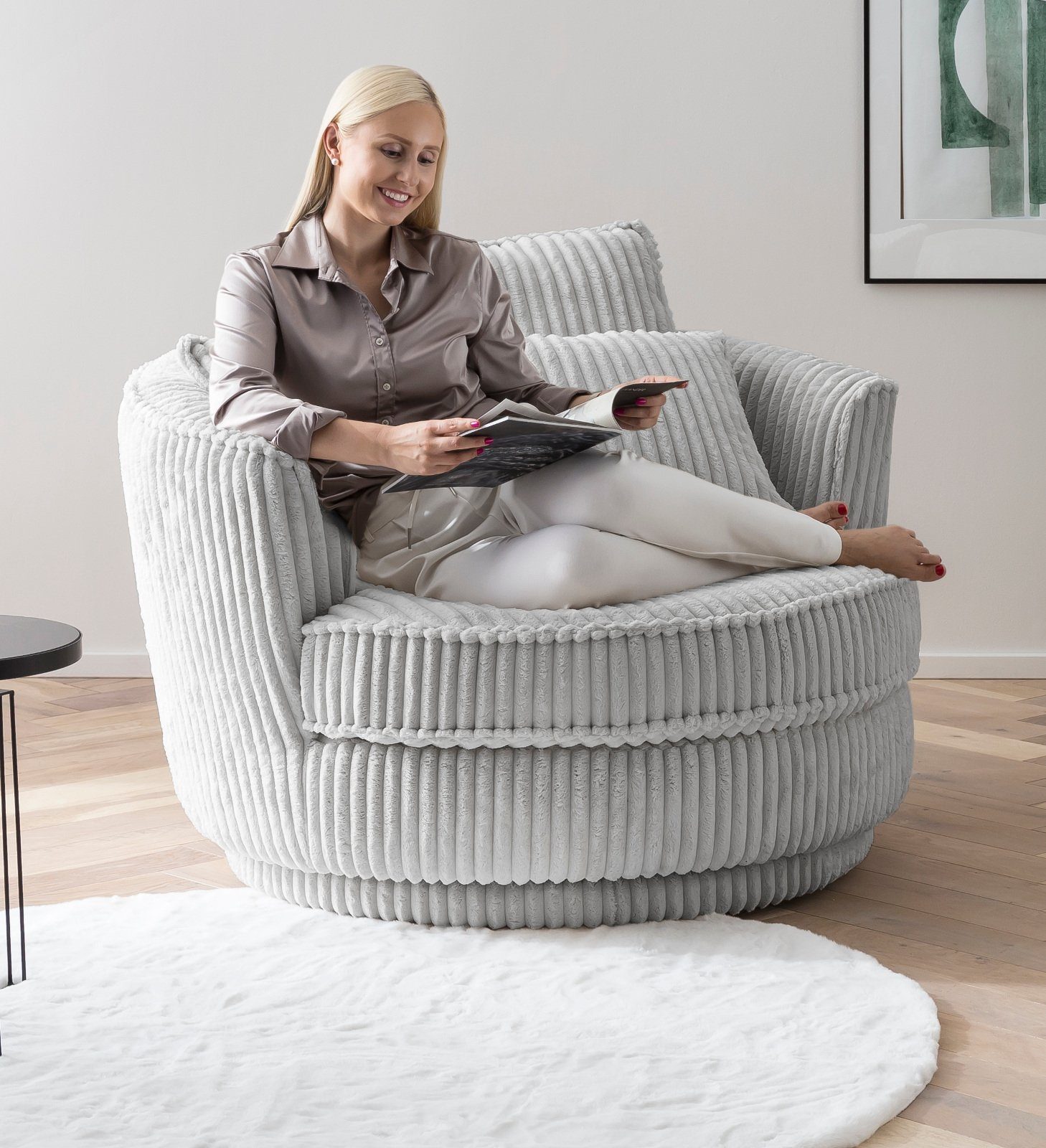Furn.Design XXL-Sessel Comfy (Love Seat in Cord hellgrau, 120 x 120 cm), 360° drehbar