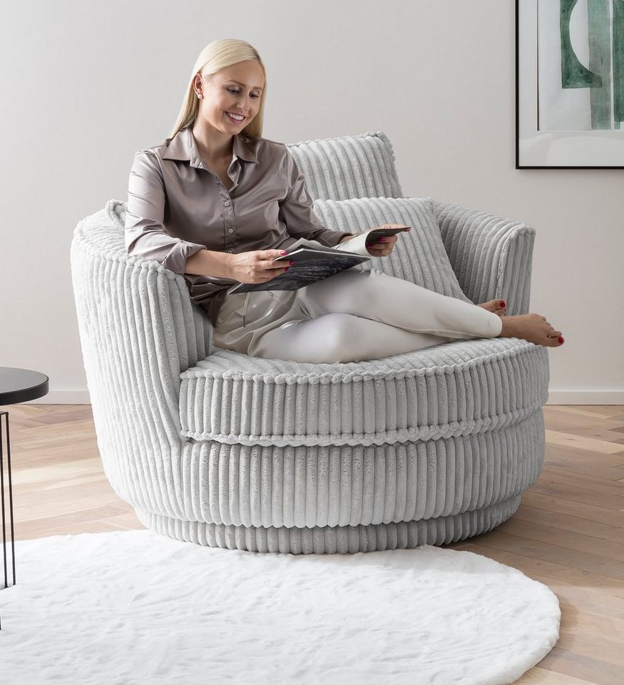 Furn.Design XXL-Sessel Comfy (Love Seat in Cord hellgrau, 120 x 120 cm), 360 °drehbar, mit Bonell Federkern